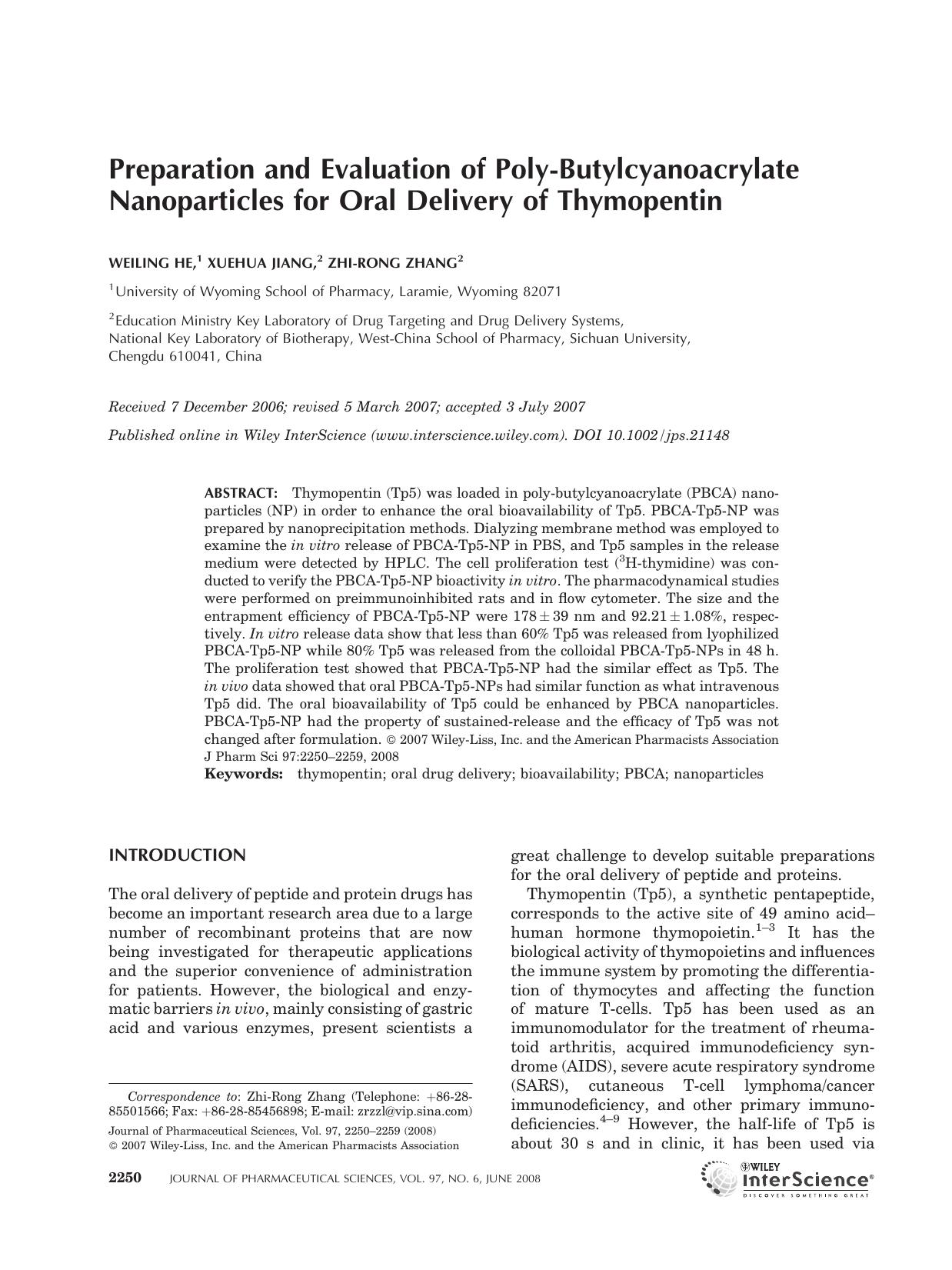 Preparation and evaluation of poly-butylcyanoacrylate nanoparticles for oral delivery of thymopentin by Unknown