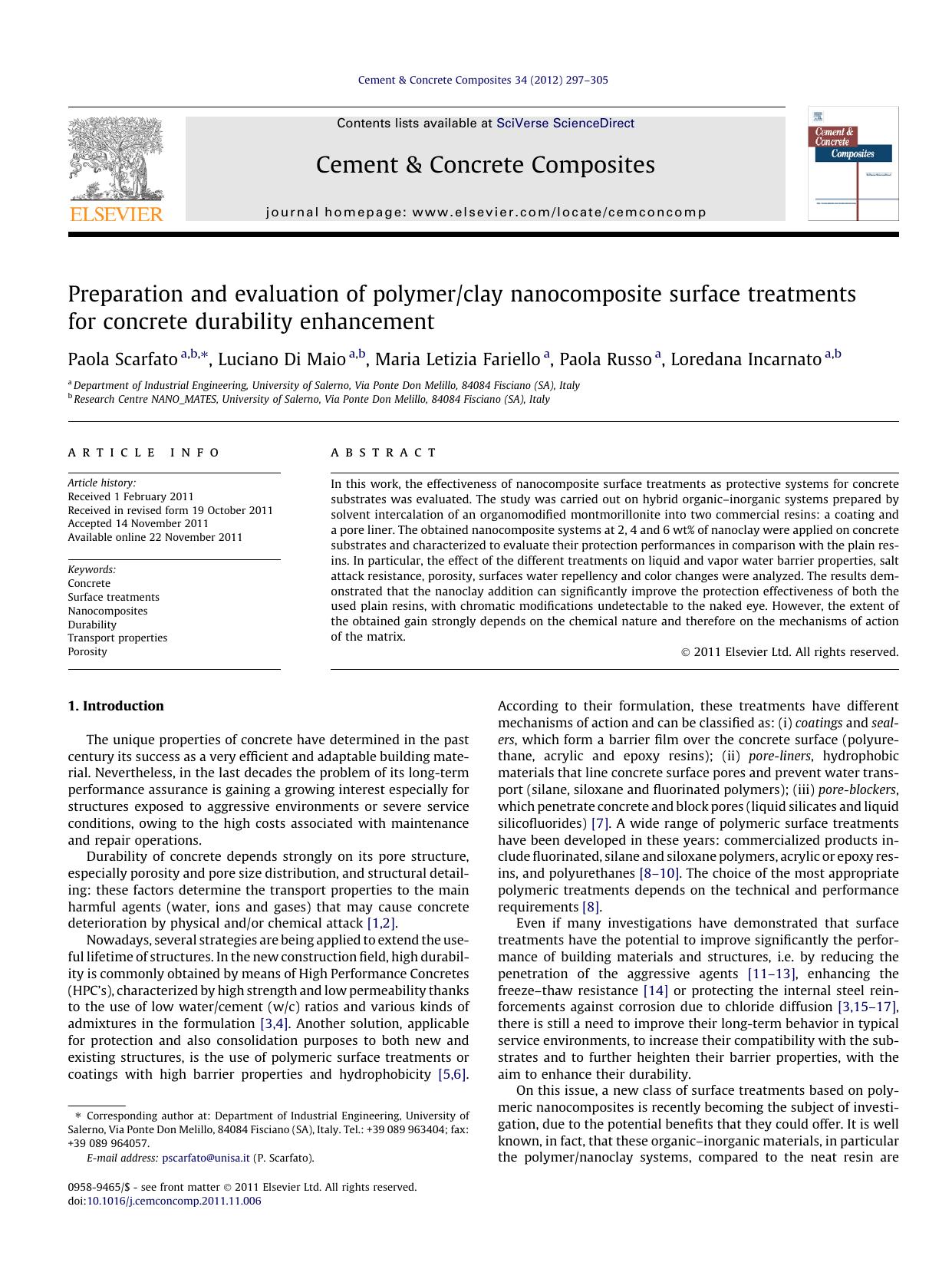 Preparation and evaluation of polymerclay nanocomposite surface treatments for concrete durability enhancement by Paola Scarfato & Luciano Di Maio & Maria Letizia Fariello & Paola Russo & Loredana Incarnato