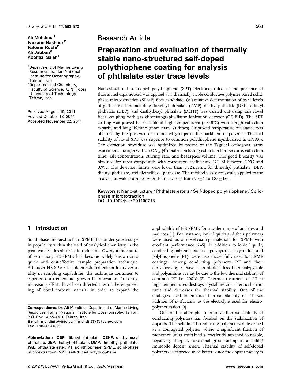Preparation and evaluation of thermally stable nanostructured selfdoped polythiophene coating for analysis of phthalate ester trace levels by Unknown