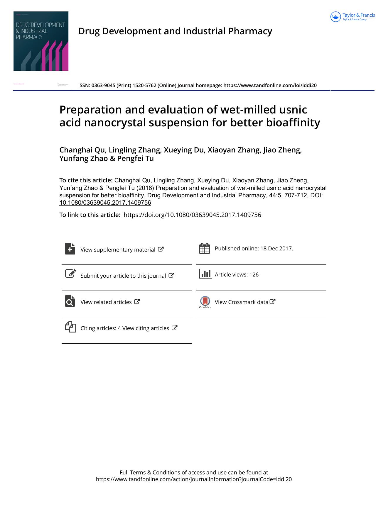 Preparation and evaluation of wet-milled usnic acid nanocrystal suspension for better bioaffinity by Qu Changhai & Zhang Lingling & Du Xueying & Zhang Xiaoyan & Zheng Jiao & Zhao Yunfang & Tu Pengfei
