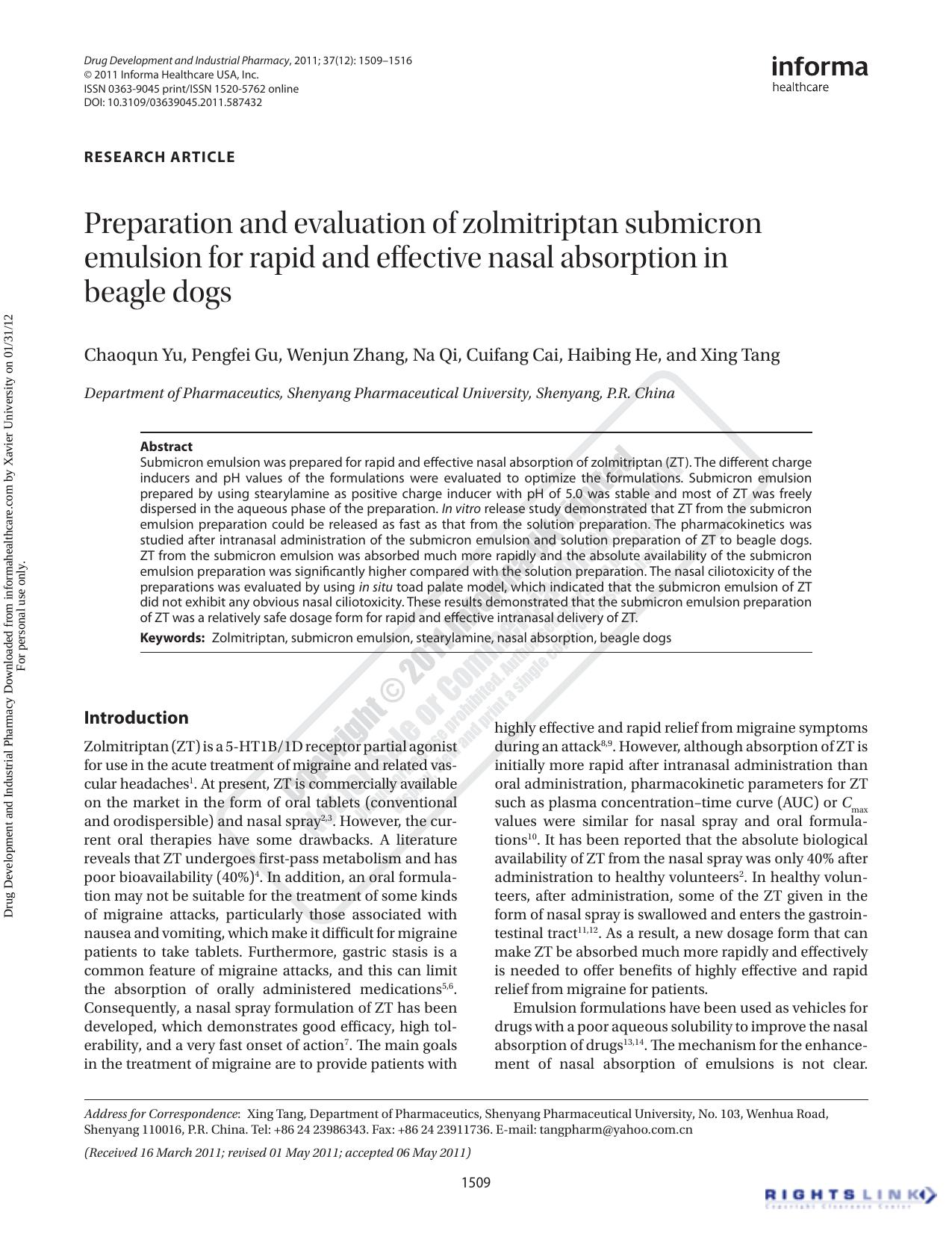 Preparation and evaluation of zolmitriptan submicron emulsion for rapid and effective nasal absorption in beagle dogs by unknow