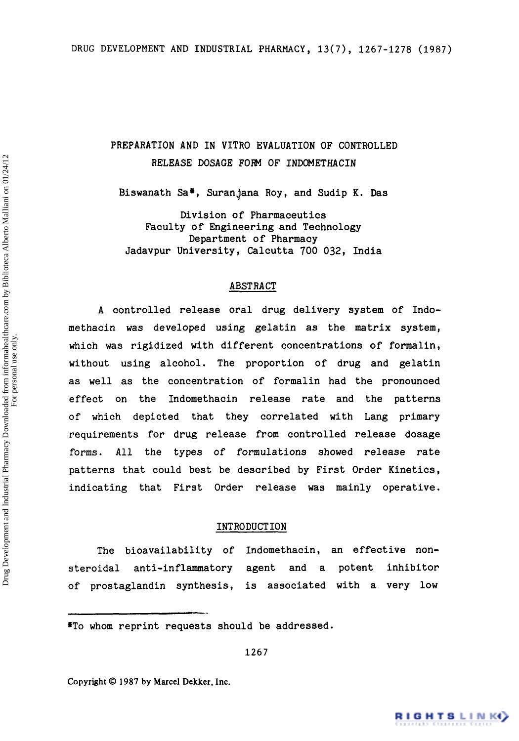 Preparation and in Vitro Evaluation of Controlled Release Dosage form of Indomethacin by Biswanath Sa Suranjana Roy & Sudip K. Das