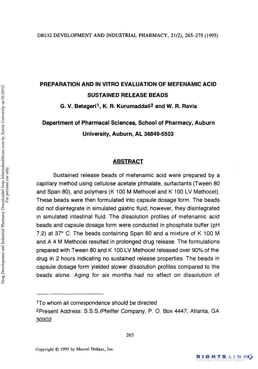 Preparation and in Vitro evaluation of mefenamic Acid Sustained Release Beads by G. V. Betageri K. R. Kurumaddali & W. R. Ravis