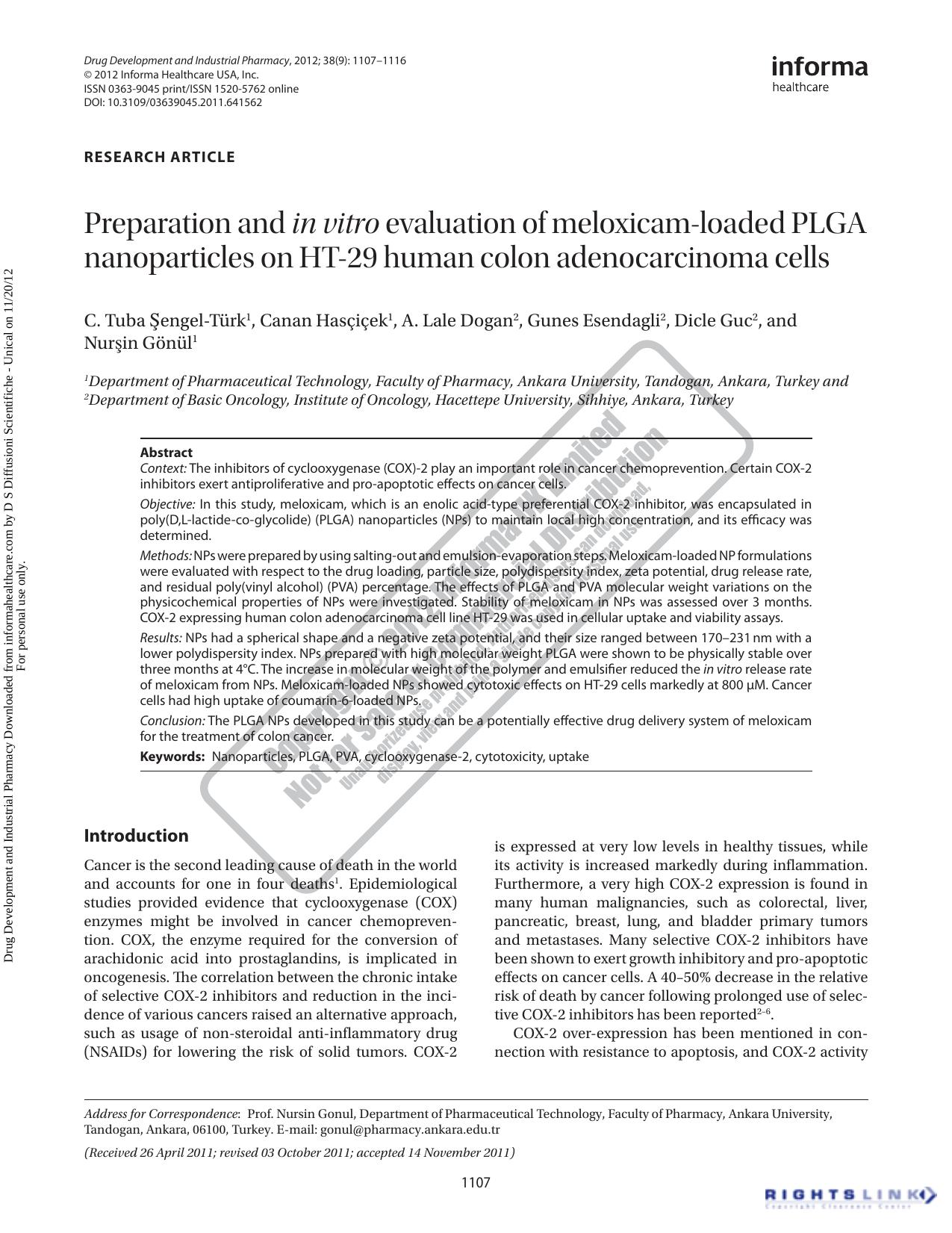 Preparation and in vitro evaluation of meloxicam-loaded PLGA nanoparticles on HT-29 human colon adenocarcinoma cells by C. Tuba Şengel-Türk Canan Hasçiçek A. Lale Dogan Gunes Esendagli Dicle Guc & Nurşin Gönül