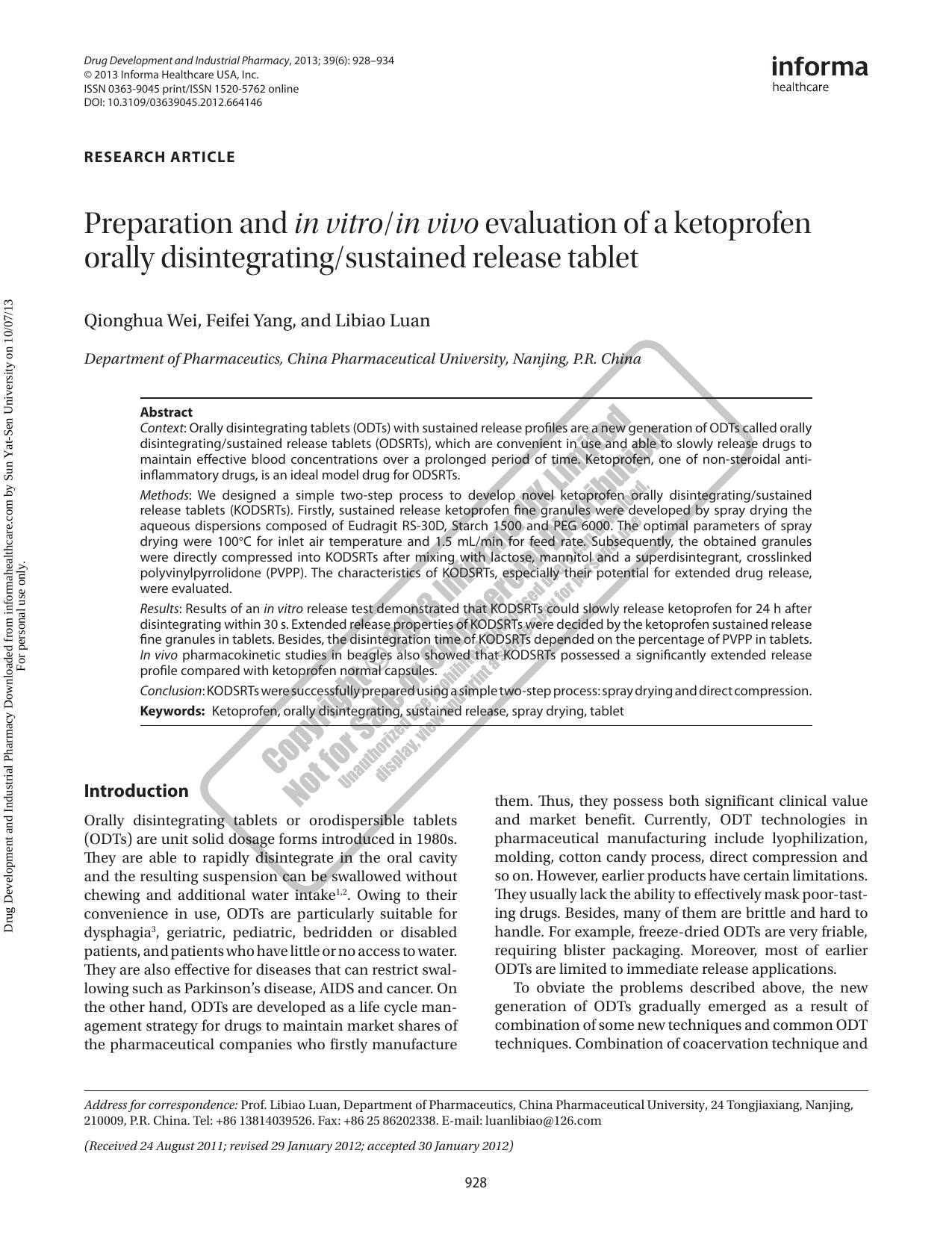 Preparation and in vitroin vivo evaluation of a ketoprofen orally disintegratingsustained release tablet by Qionghua Wei Feifei Yang Libiao Luan