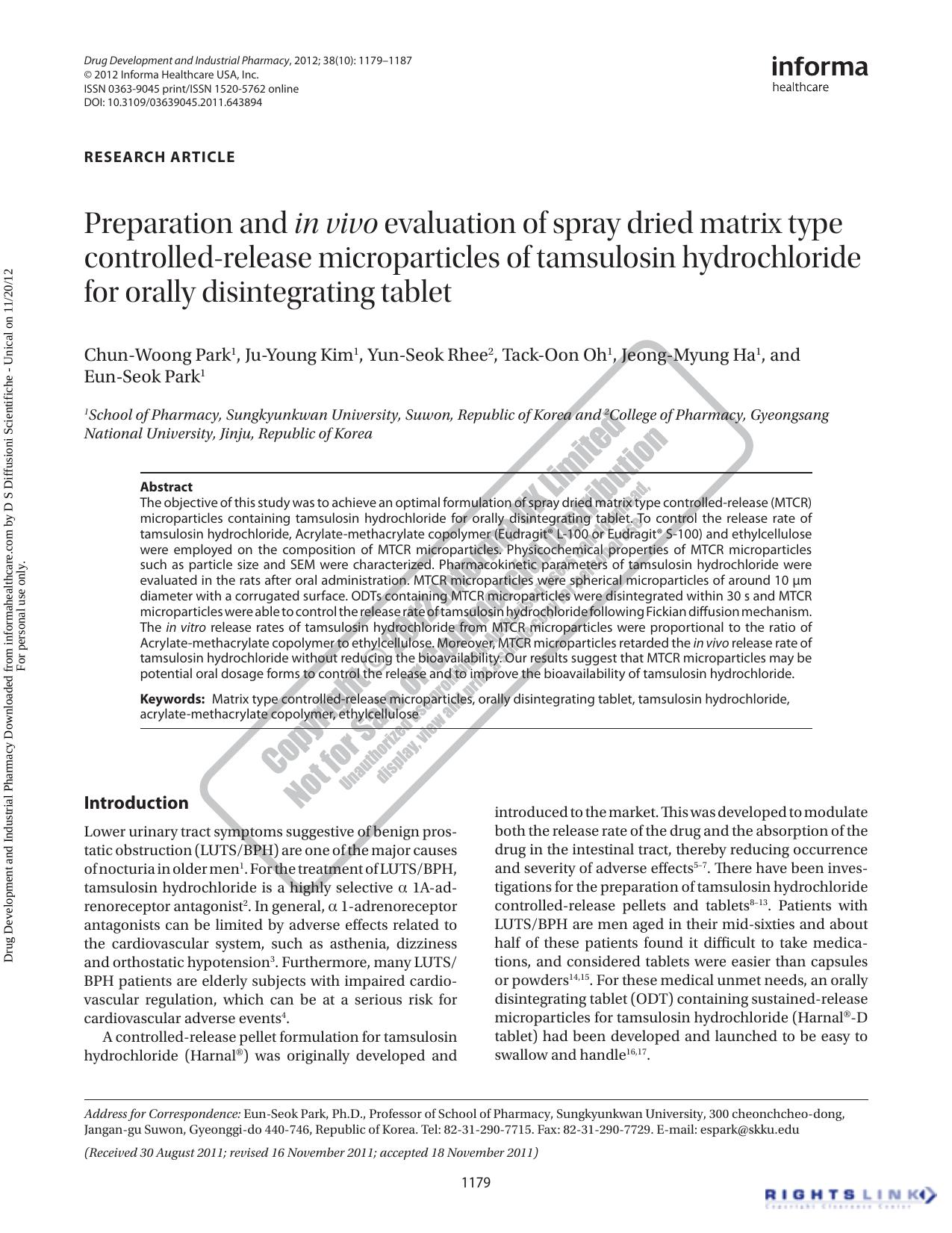 Preparation and in vivo evaluation of spray dried matrix type controlled-release microparticles of tamsulosin hydrochloride for orally disintegrating tablet by Chun-Woong Park Ju-Young Kim Yun-Seok Rhee Tack-Oon Oh Jeong-Myung Ha & Eun-Seok Park