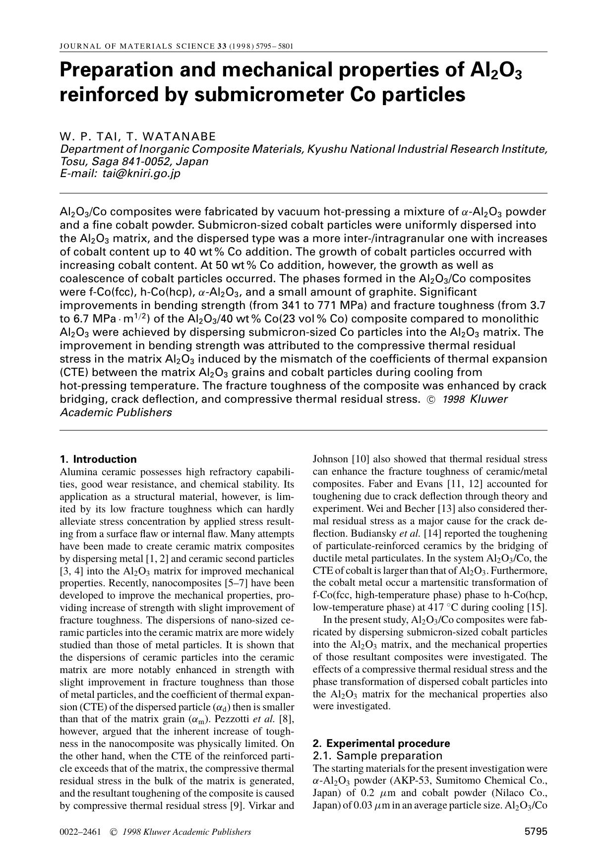 Preparation and mechanical properties of Al2O3 reinforced by submicrometer Co particles by Unknown