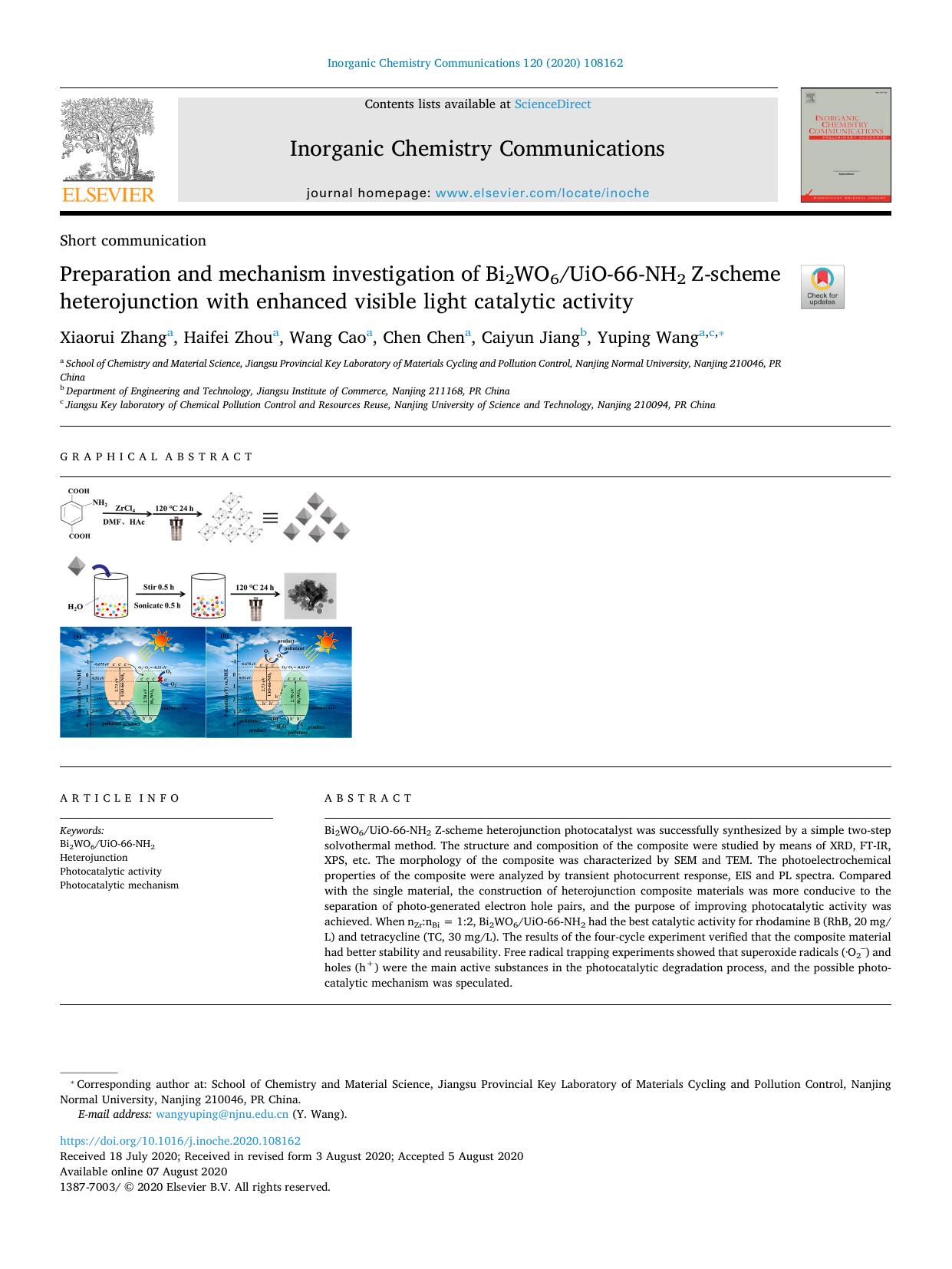 Preparation and mechanism investigation of Bi2WO6UiO-66-NH2 Z-scheme heterojunction with enhanced visible light catalytic activity by Xiaorui Zhang & Haifei Zhou & Wang Cao & Chen Chen & Caiyun Jiang & Yuping Wang