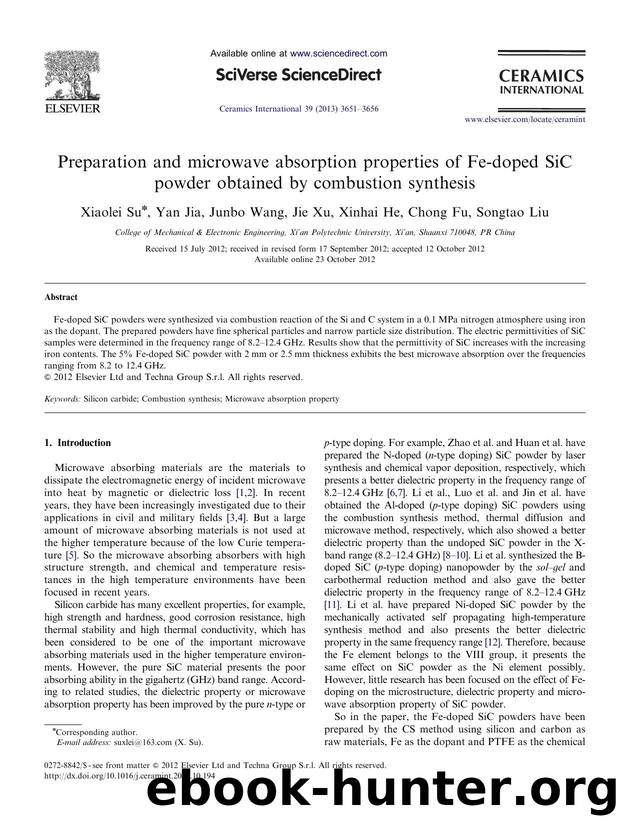 Preparation and microwave absorption properties of Fe-doped SiC powder obtained by combustion synthesis by Xiaolei Su & Yan Jia & Junbo Wang & Jie Xu & Xinhai He & Chong Fu & Songtao Liu