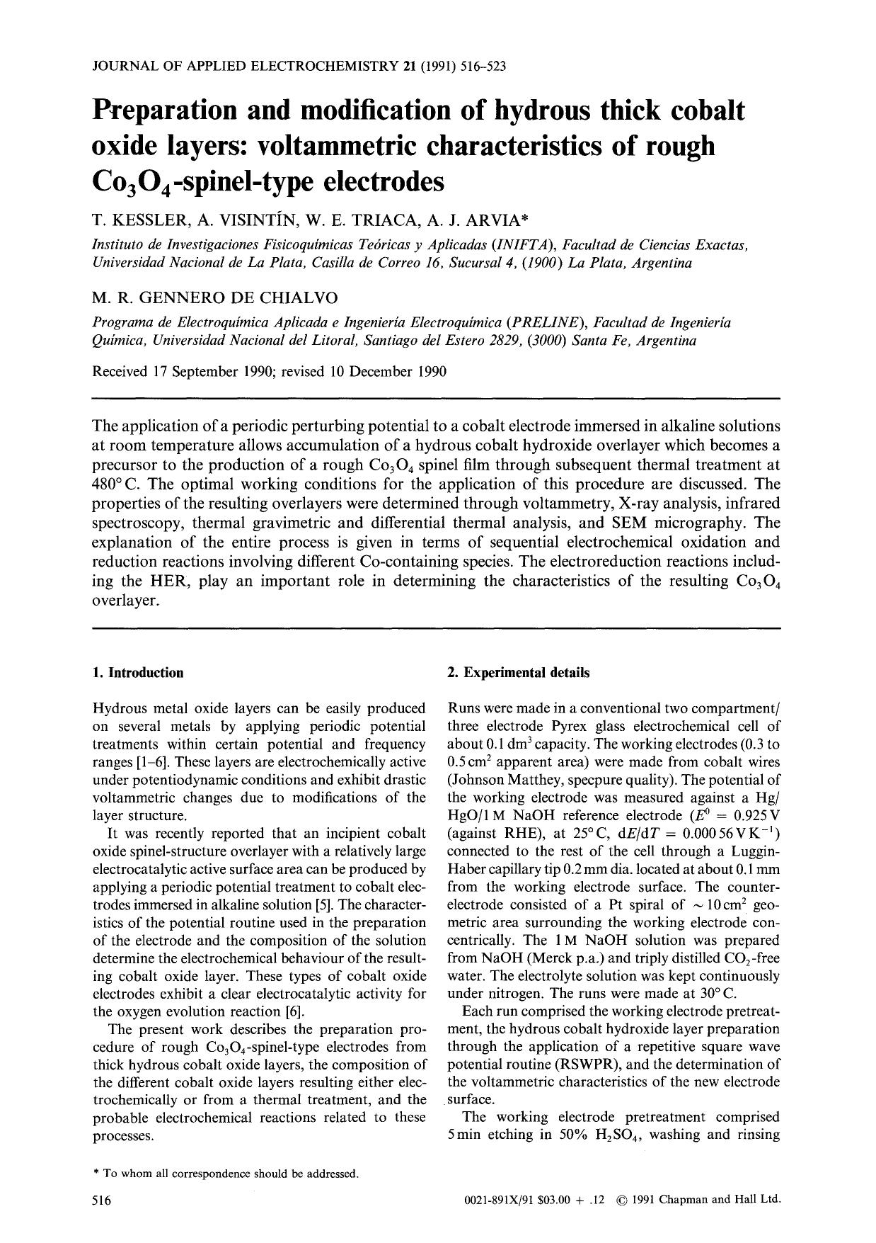 Preparation and modification of hydrous thick cobalt oxide layers: Voltammetric characteristics of rough Co <Subscript>3 <Subscript>O <Subscript>4 <Subscript>-spinel-type electrodes by Unknown