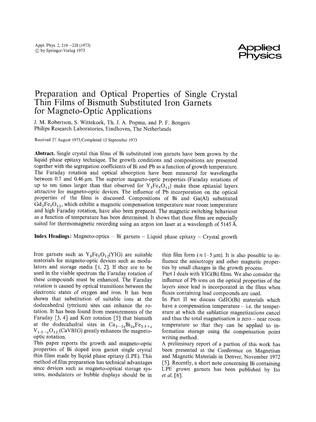 Preparation and optical properties of single crystal thin films of bismuth substituted iron garnets for magneto-optic applications by Unknown