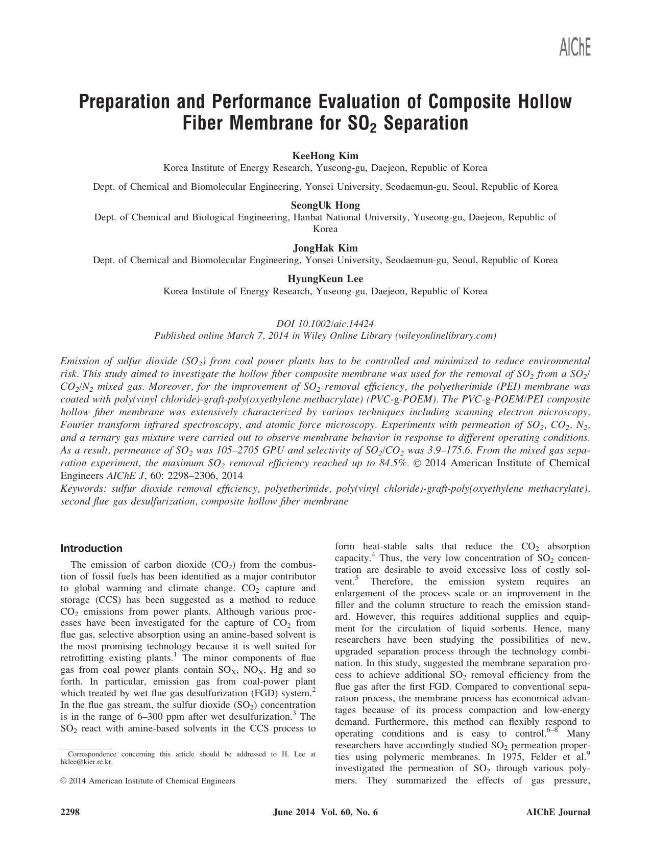 Preparation and performance evaluation of composite hollow fiber membrane for SO2 separation by Unknown