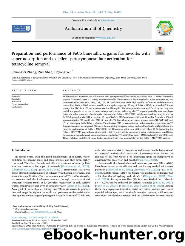Preparation and performance of FeCo bimetallic organic frameworks with super adsorption and excellent peroxymonosulfate activation for tetracycline removal by Shuangfei Zhang & Ziru Shao & Deyong Wu