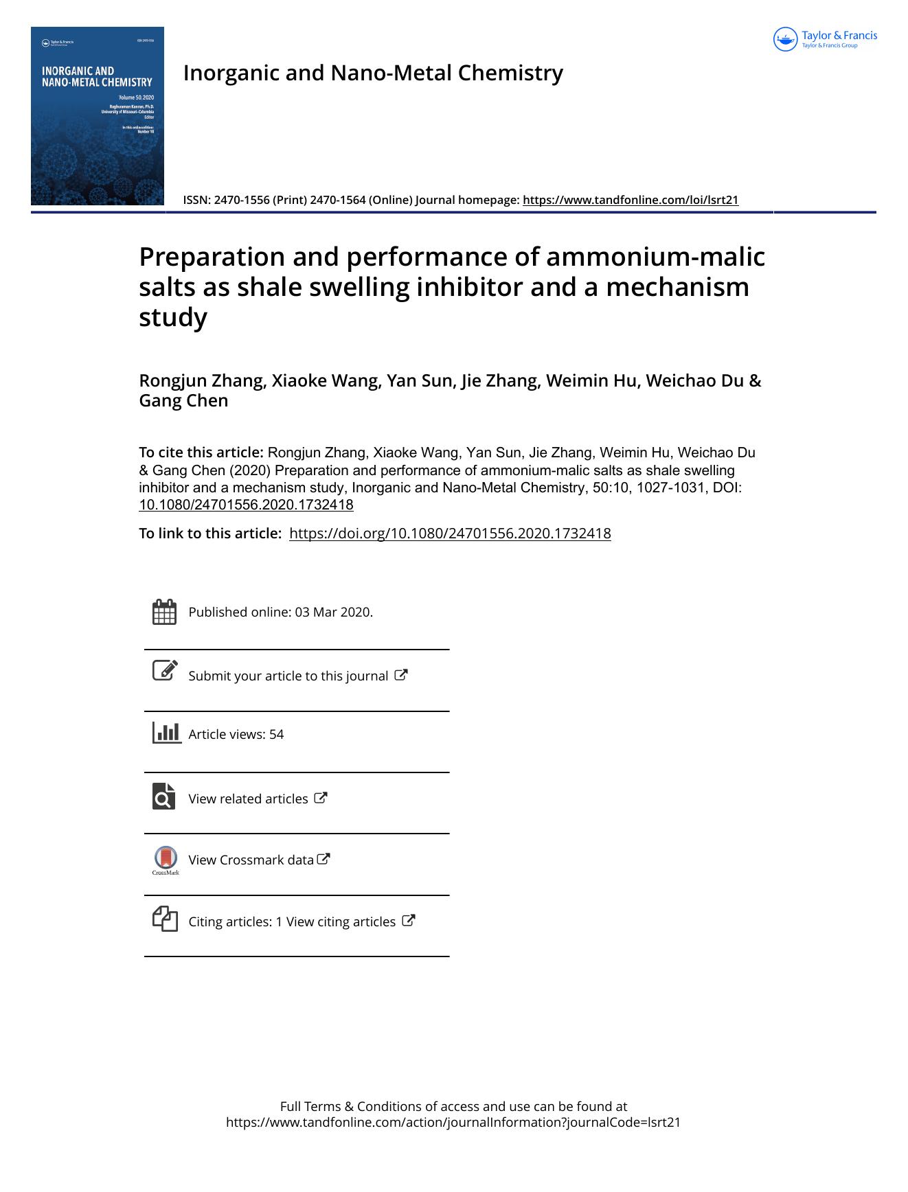Preparation and performance of ammonium-malic salts as shale swelling inhibitor and a mechanism study by Zhang Rongjun & Wang Xiaoke & Sun Yan & Zhang Jie & Hu Weimin & Du Weichao & Chen Gang