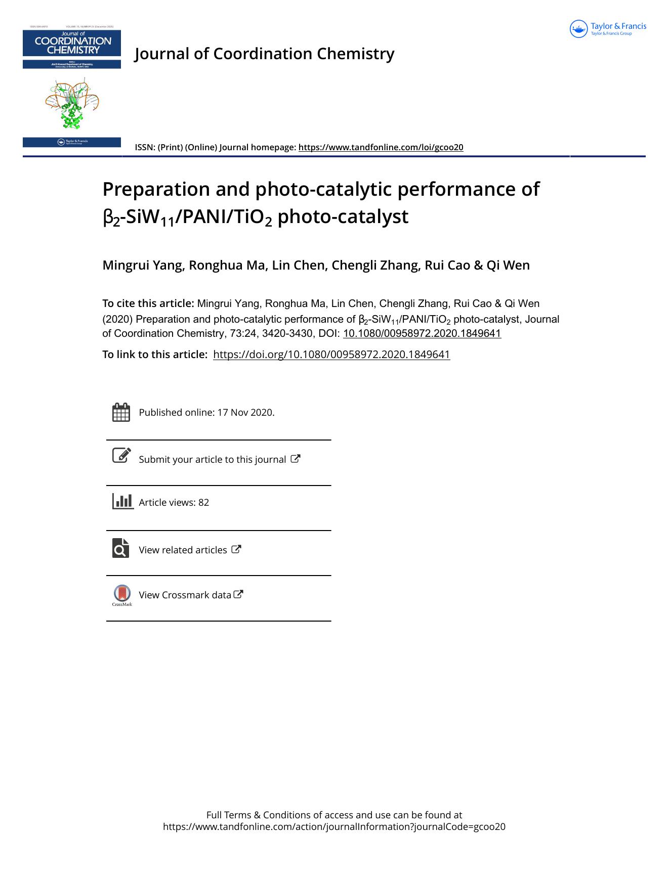 Preparation and photo-catalytic performance of Î²2-SiW11PANITiO2 photo-catalyst by Yang Mingrui & Ma Ronghua & Chen Lin & Zhang Chengli & Cao Rui & Wen Qi