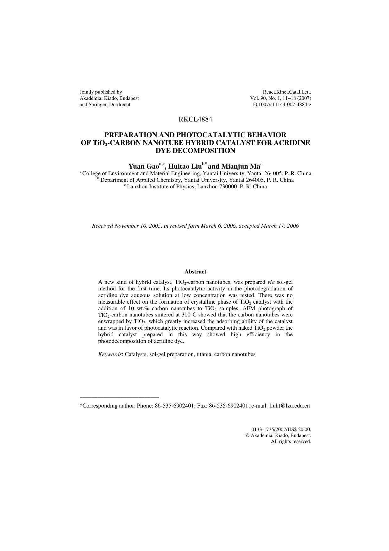 Preparation and photocatalytic behavior of TiO<Subscript>2<Subscript>-carbon nanotube hybrid catalyst for acridine dye decomposition by Unknown