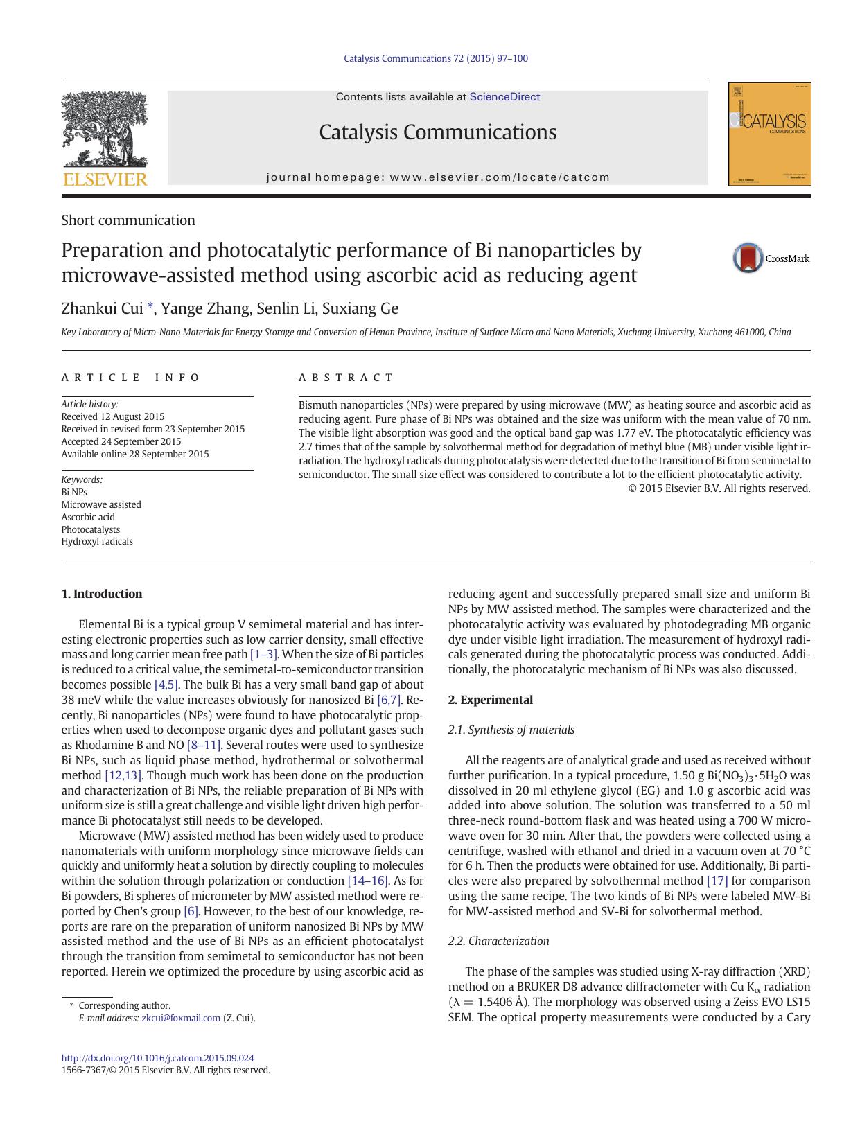 Preparation and photocatalytic performance of Bi nanoparticles by microwave-assisted method using ascorbic acid as reducing agent by Zhankui Cui & Yange Zhang & Senlin Li & Suxiang Ge