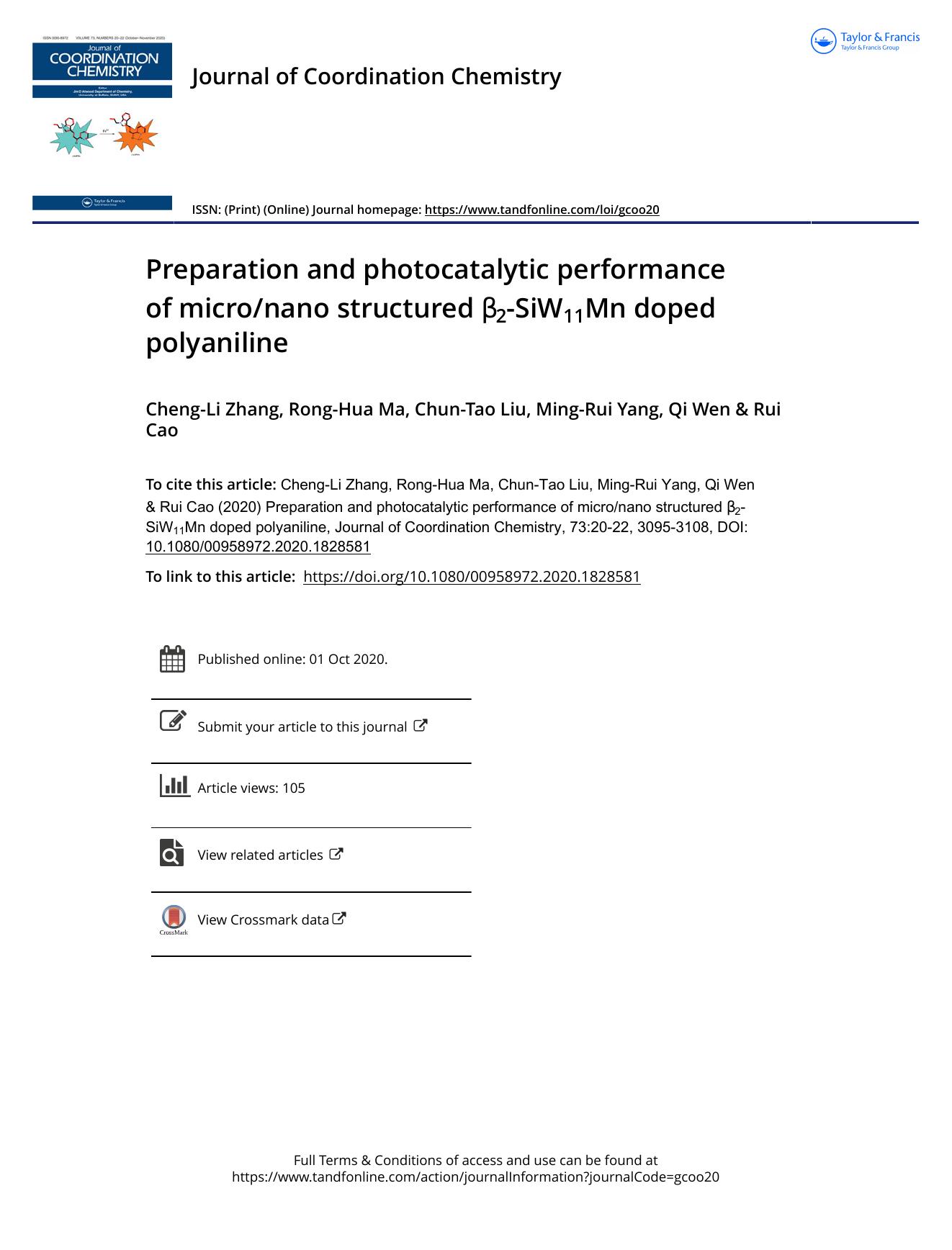 Preparation and photocatalytic performance of micronano structured Î²2-SiW11Mn doped polyaniline by Zhang Cheng-Li & Ma Rong-Hua & Liu Chun-Tao & Yang Ming-Rui & Wen Qi & Cao Rui