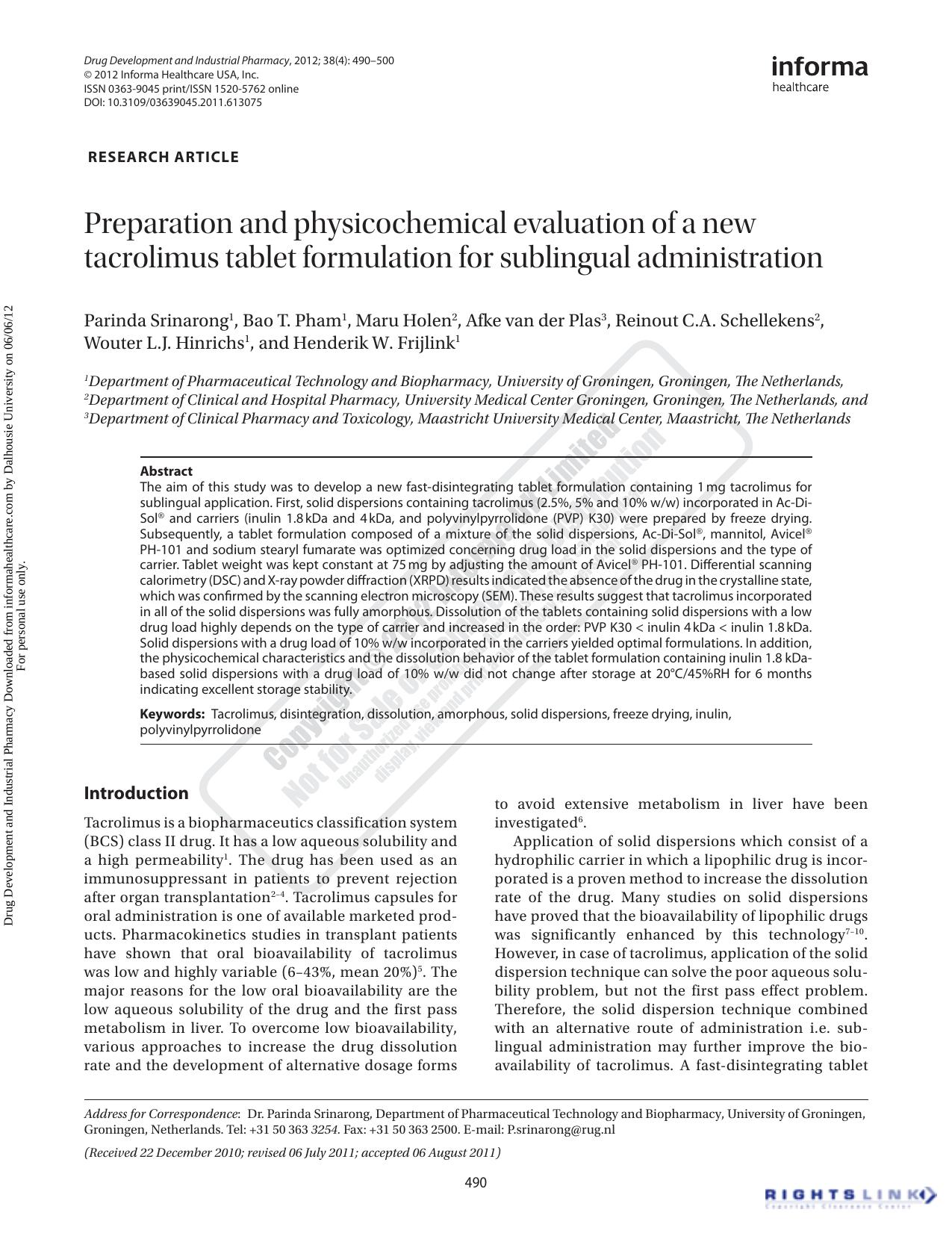 Preparation and physicochemical evaluation of a new tacrolimus tablet formulation for sublingual administration by unknow