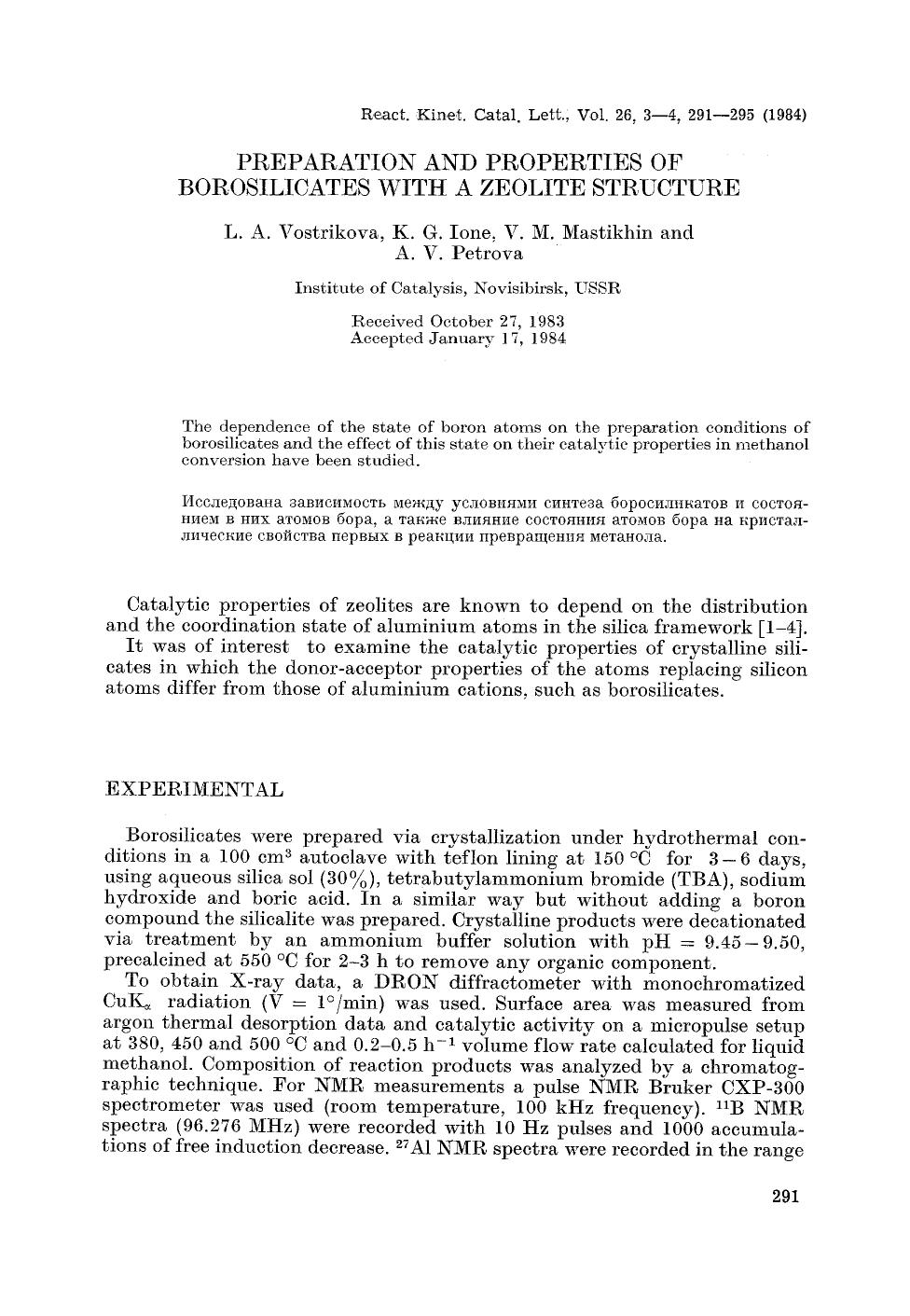 Preparation and properties of borosilicates with a zeolite structure by Unknown