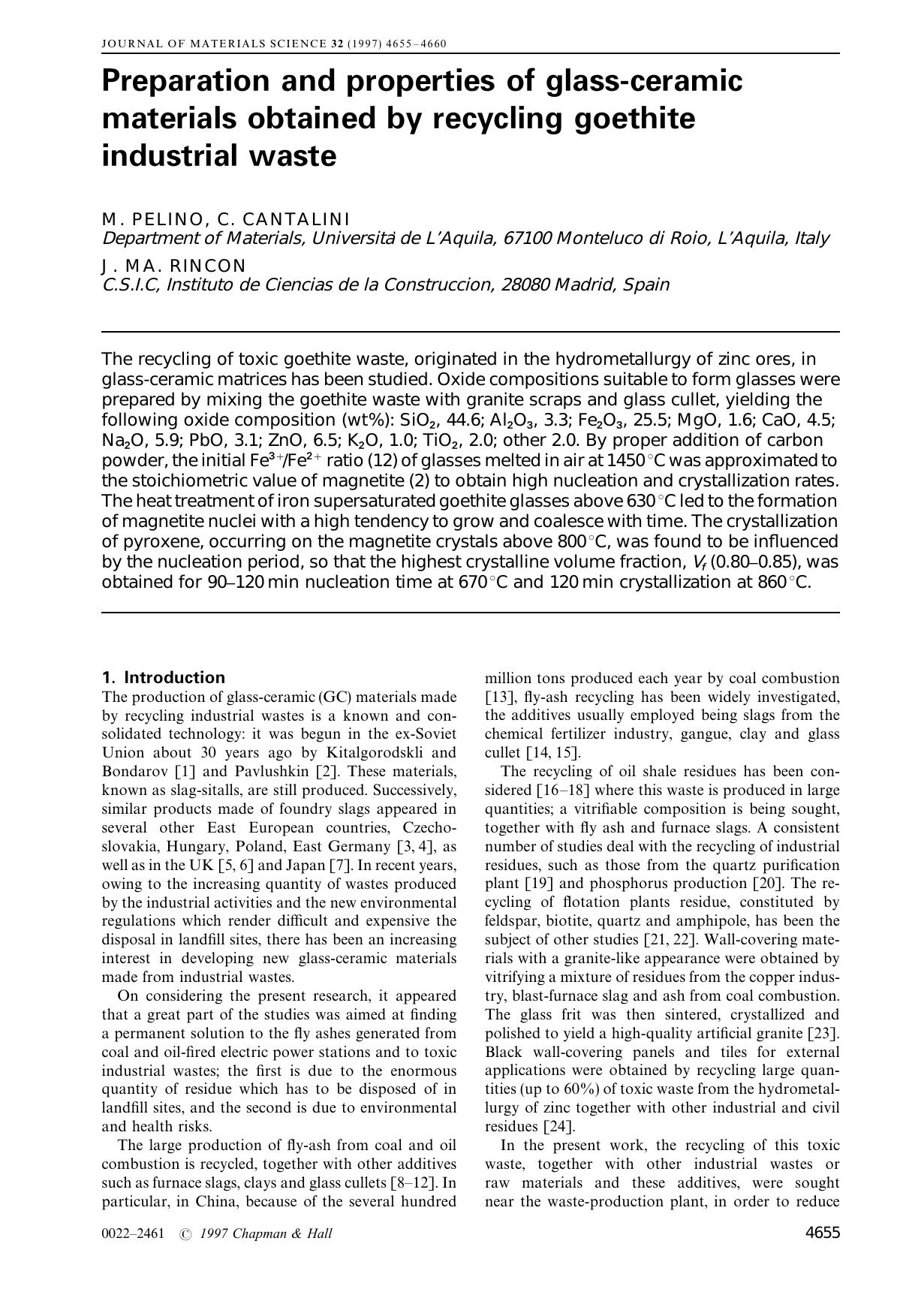 Preparation and properties of glass-ceramic materials obtained by recycling goethite industrial waste by Unknown