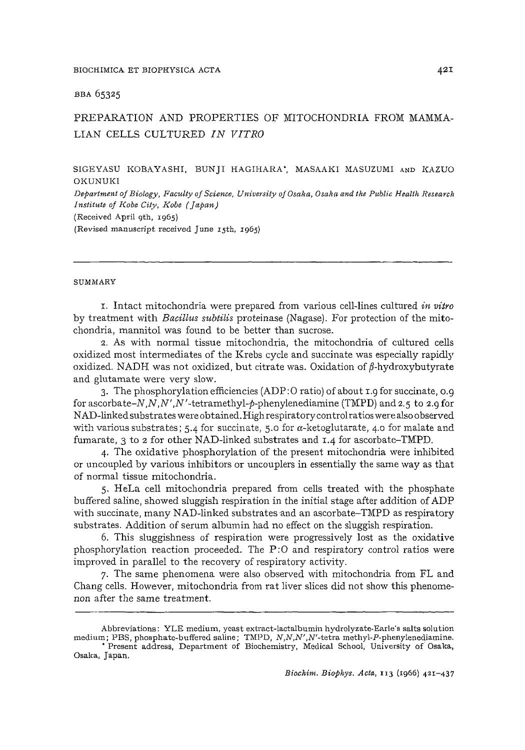 Preparation and properties of mitochondria from mammalian cells cultured in vitro by Sigeyasu Kobayashi; Bunji Hagihara; Masaaki Masuzumi; Kazuo Okunuki
