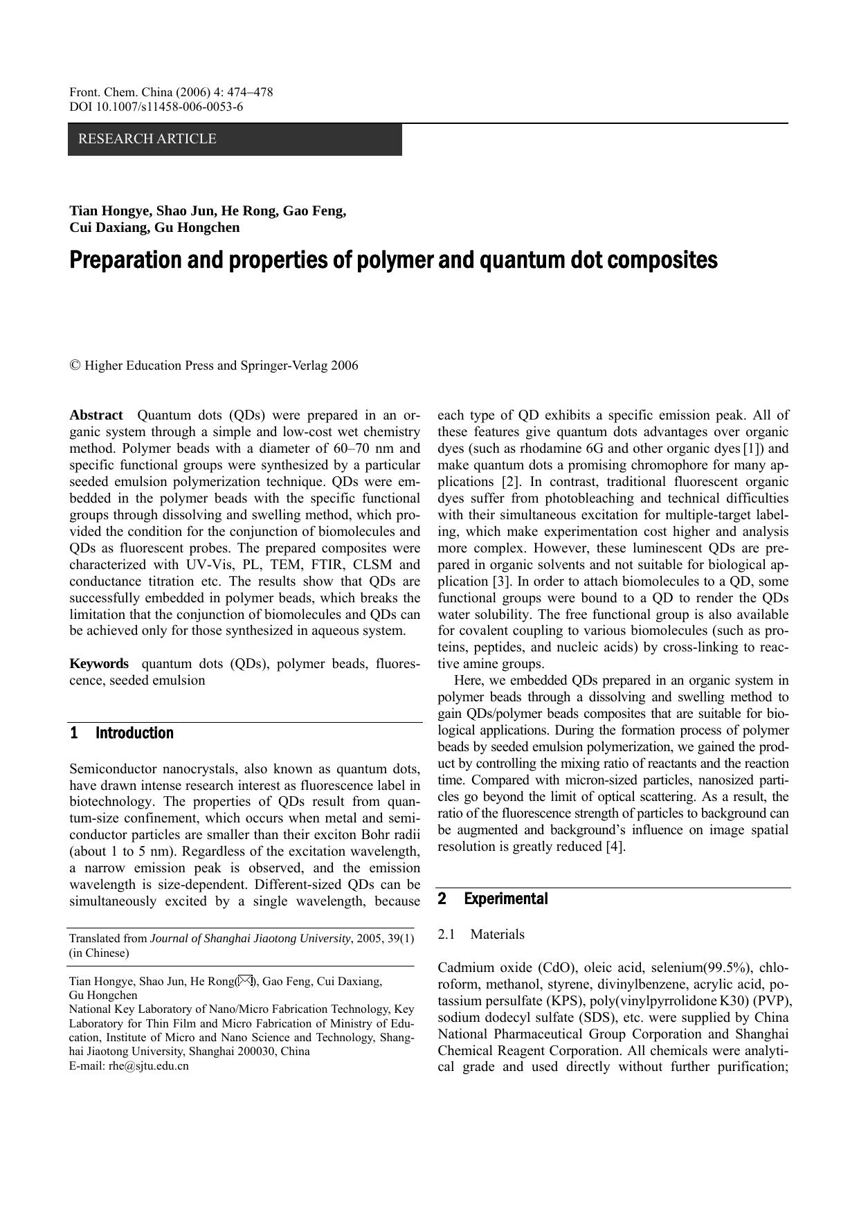 Preparation and properties of polymer and quantum dot composites by Unknown