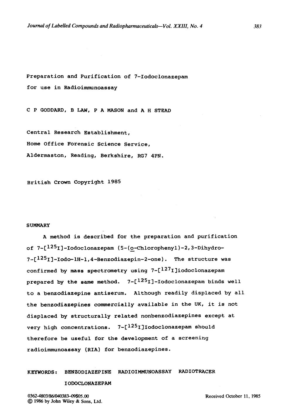 Preparation and purification of 7-Iodoclonazepam for use in Radioimmunoassay by Unknown