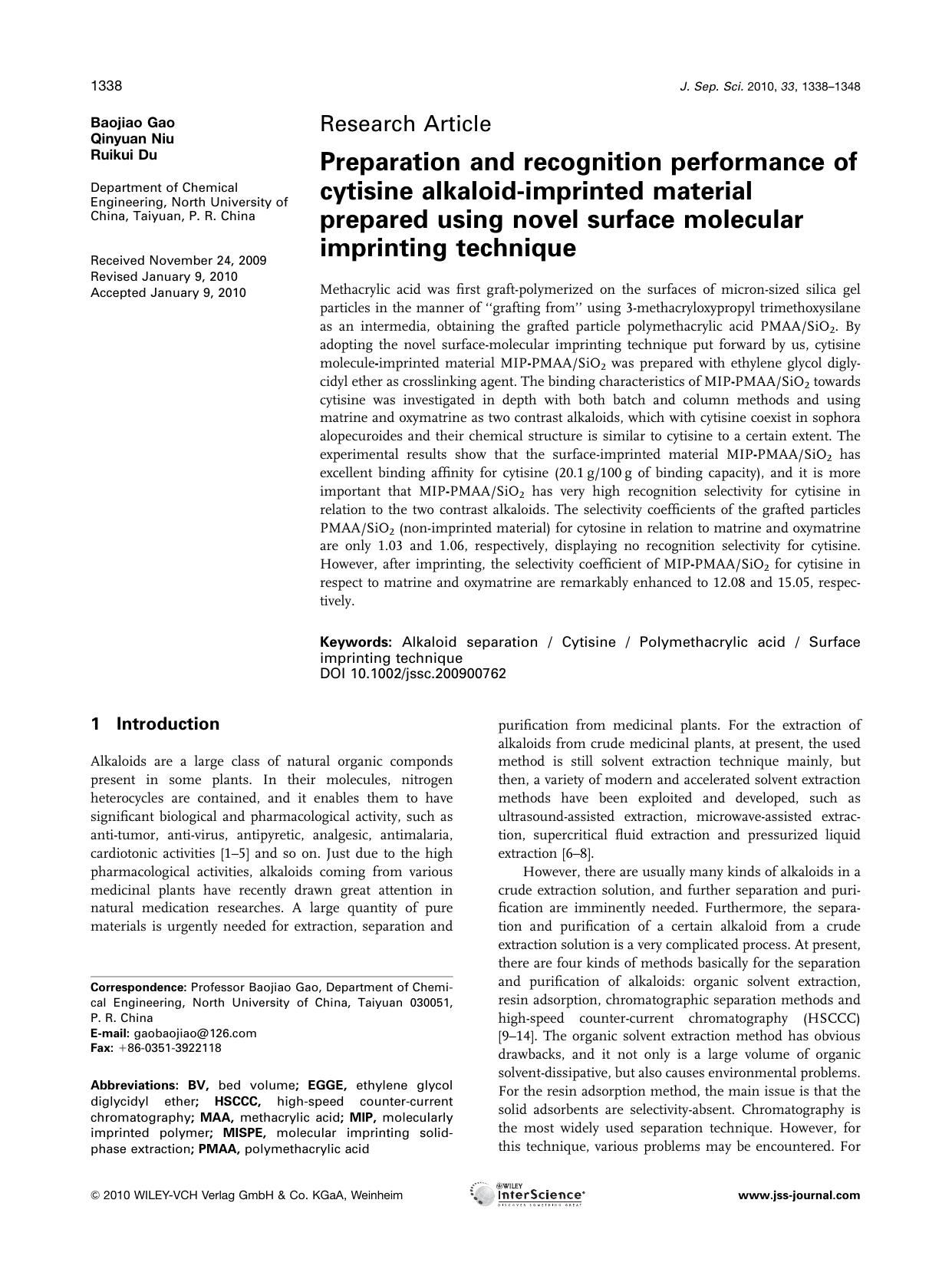 Preparation and recognition performance of cytisine alkaloid?imprinted material prepared using novel surface molecular imprinting technique by Unknown