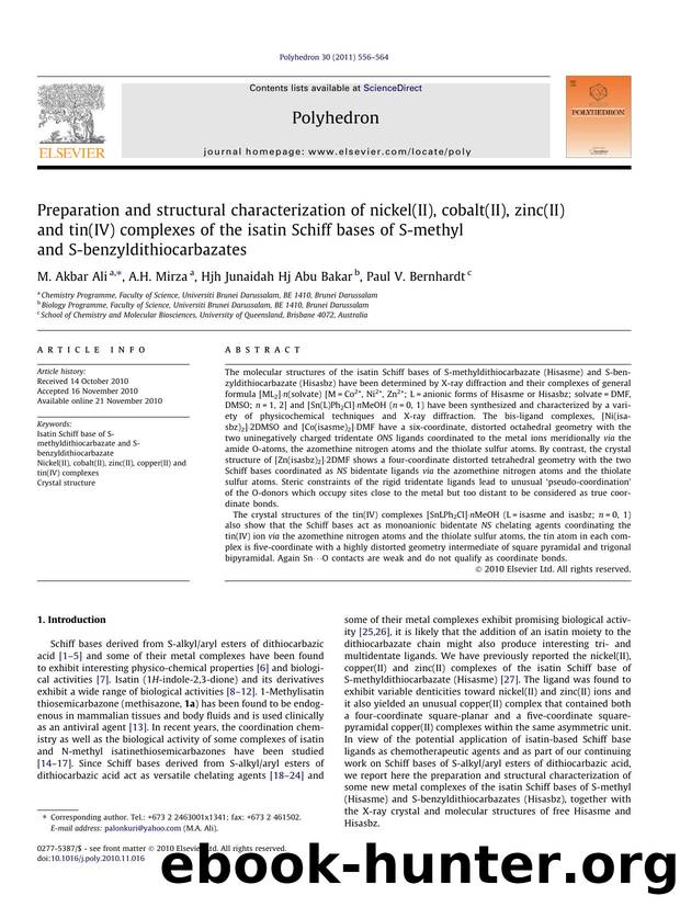 Preparation and structural characterization of nickel(II), cobalt(II), zinc(II) and tin(IV) complexes of the isatin Schiff bases of S-methyl and S-benzyldithiocarbazates by M. Akbar Ali & A.H. Mirza & Hjh Junaidah Hj Abu Bakar & Paul V. Bernhardt