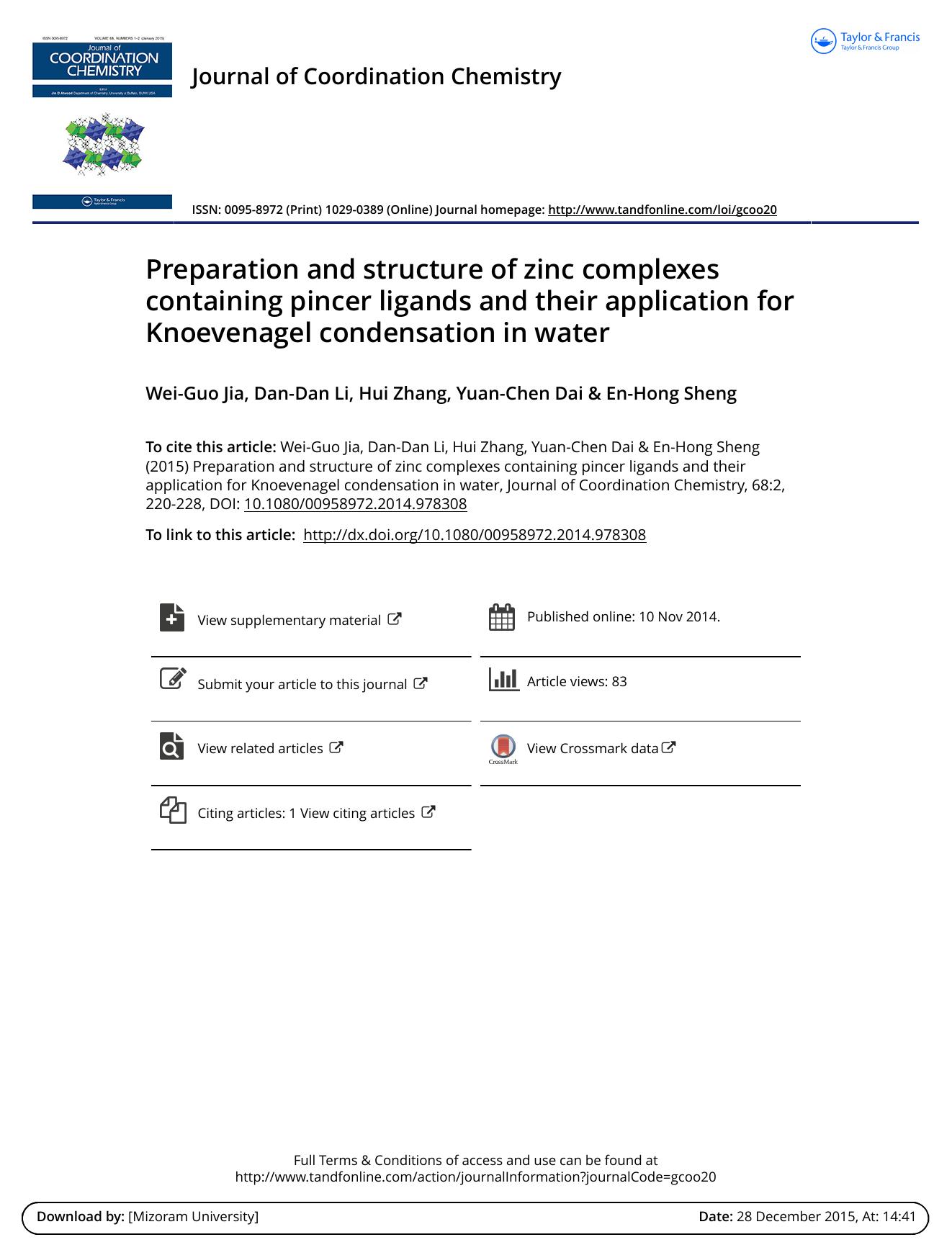 Preparation and structure of zinc complexes containing pincer ligands and their application for Knoevenagel condensation in water by Wei-Guo Jia