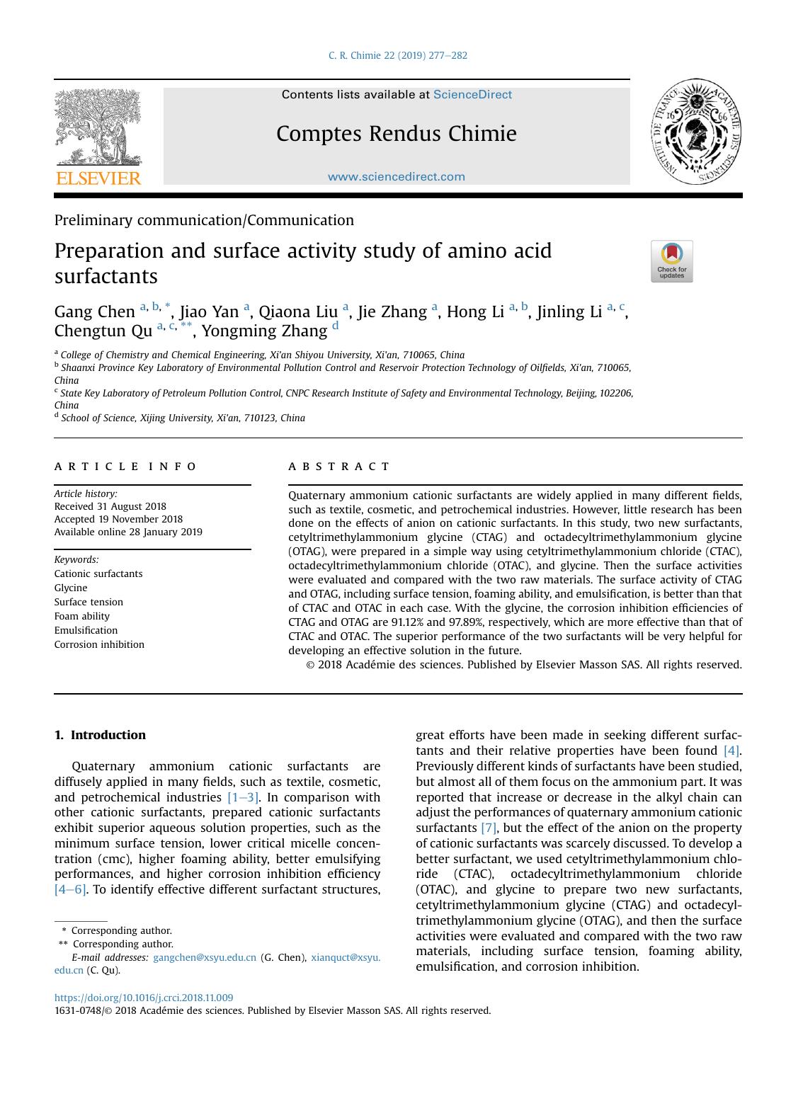 Preparation and surface activity study of amino acid surfactants by Gang Chen & Jiao Yan & Qiaona Liu & Jie Zhang & Hong Li & Jinling Li & Chengtun Qu & Yongming Zhang