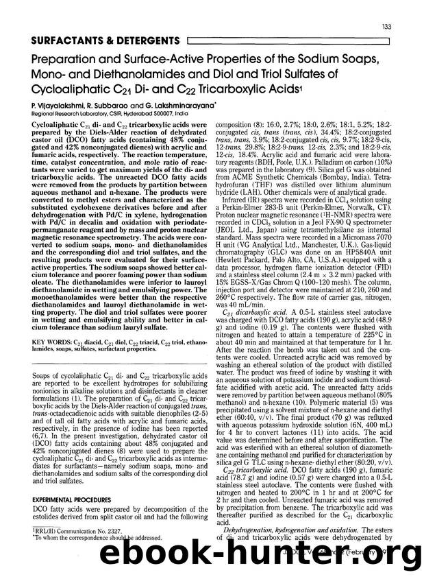 Preparation and surface-active properties of the sodium soaps, mono- and diethanolamides and diol and triol sulfates of cycloaliphatic C <Subscript>21 <Subscript> Di- and C <Subscr by Unknown