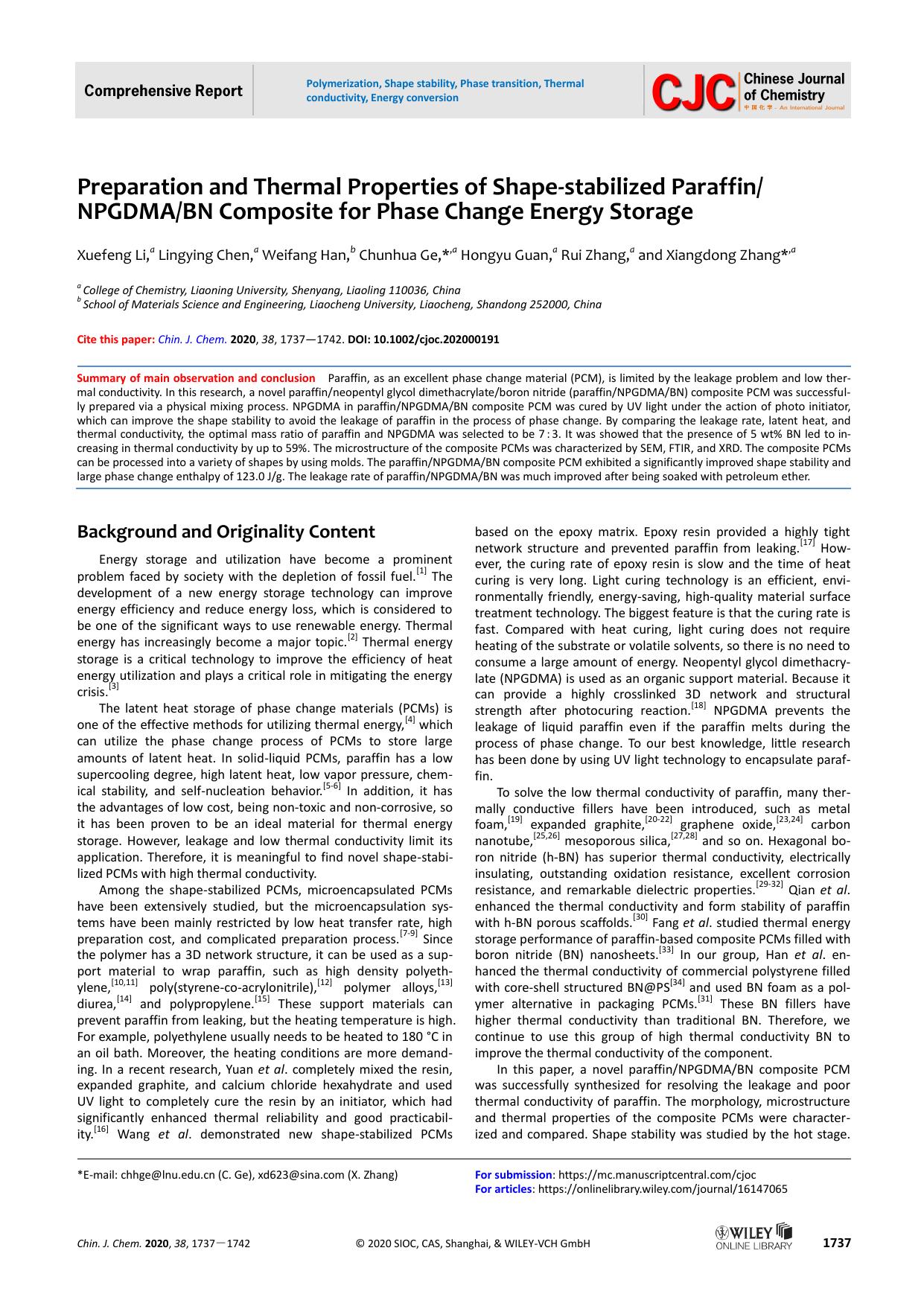 Preparation and thermal properties of shape-stabilized paraffinNPGDMABN composite for phase change energy storage by USER