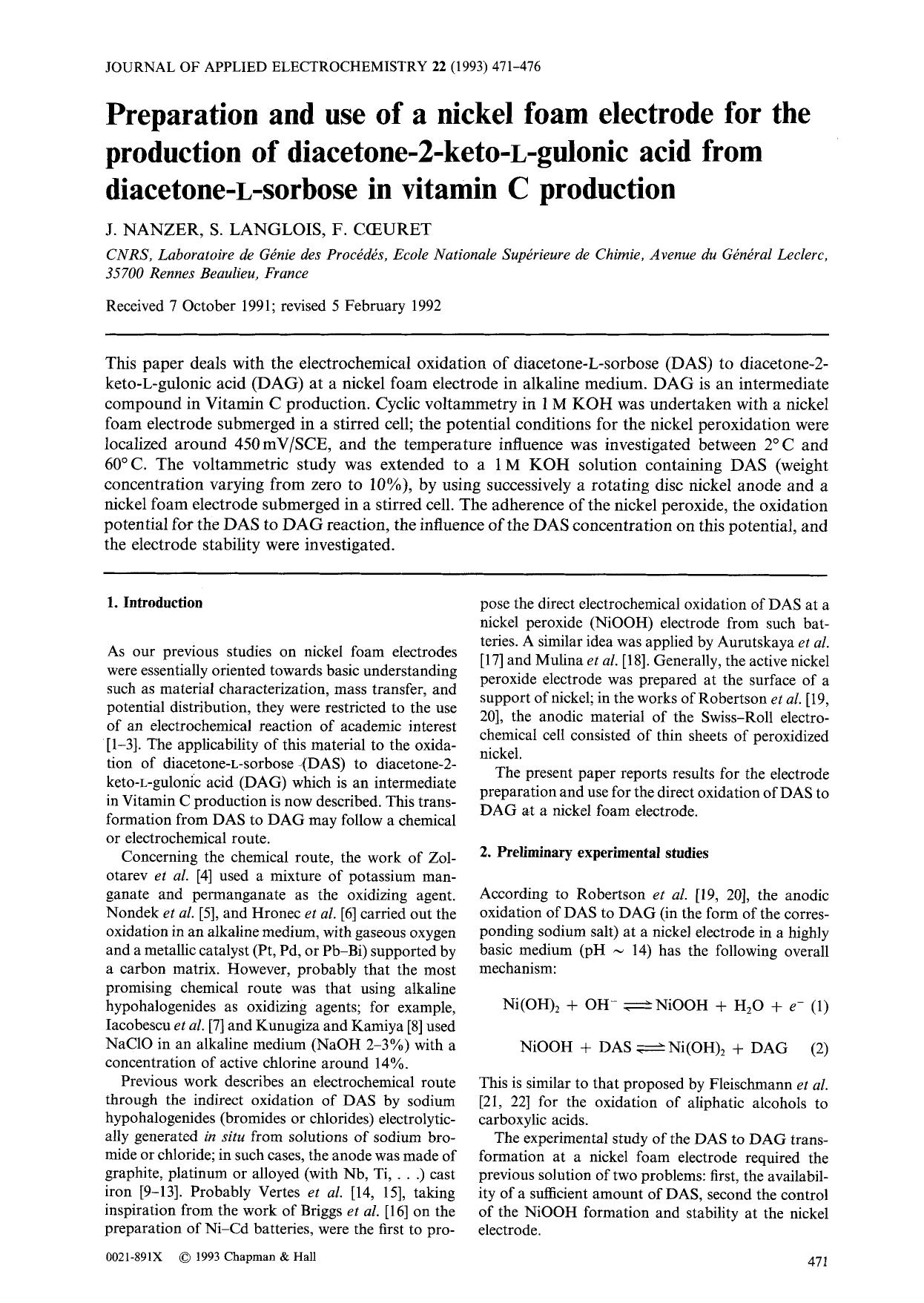 Preparation and use of a nickel foam electrode for the production of diacetone-2-keto-L-gulonic acid from diacetone- <Emphasis Type="SmallCaps">l <Emphasis>-sorbose in vitamin C production by Unknown