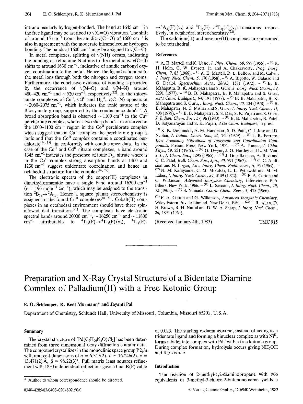 Preparation and x-ray crystal structure of a bidentate diamine complex of palladium(II) with a free ketonic group by Unknown