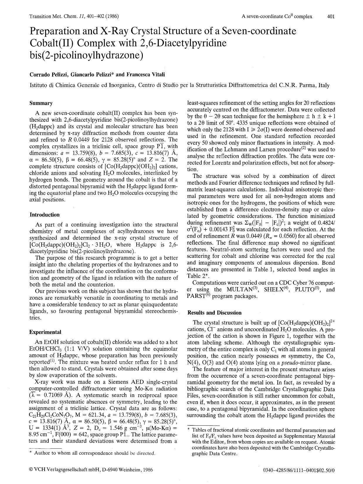 Preparation and x-ray crystal structure of a seven-coordinate cobalt(II) complex with 2,6-diacetylpyridine bis(2-picolinoylhydrazone) by Unknown