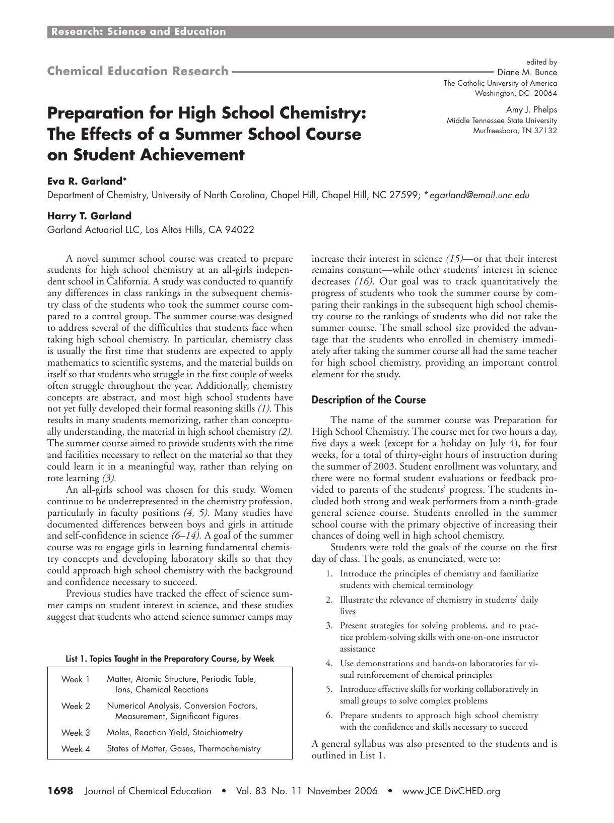 Preparation for High School Chemistry: The Effects of a Summer School Course on Student Achievement by Eva R. Garland and Harry T. Garland
