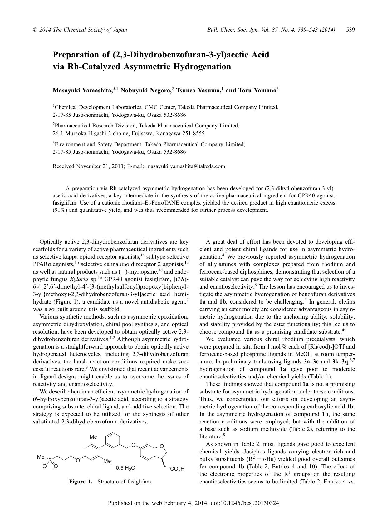Preparation of (2,3-Dihydrobenzofuran-3-yl)acetic Acid via Rh-Catalyzed Asymmetric Hydrogenation by Masayuki Yamashita Nobuyuki Negoro Tsuneo Yasuma Toru Yamano