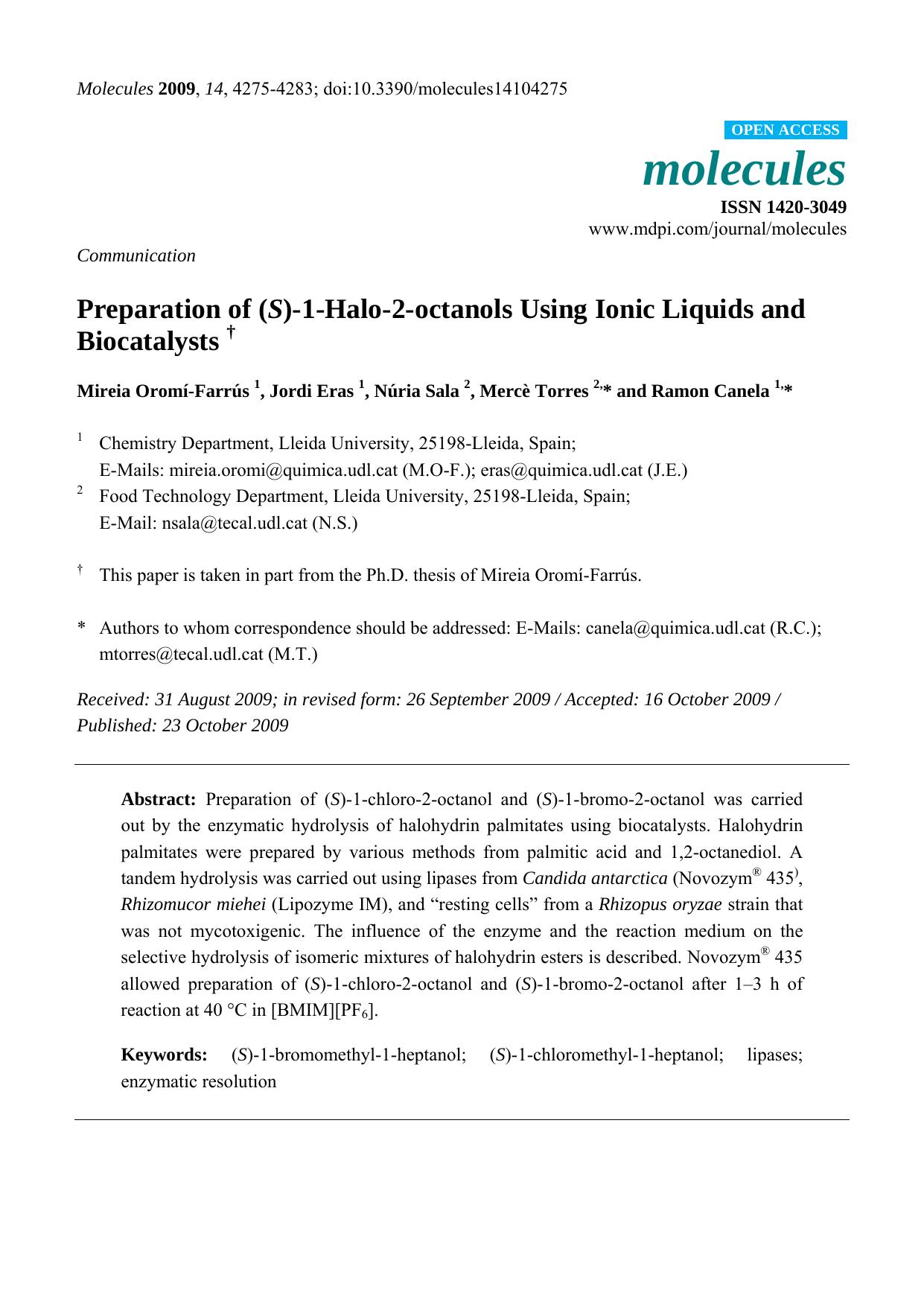 Preparation of (S)-1-Halo-2-octanols Using Ionic Liquids and Biocatalysts by Mireia Oromí-Farrús & Jordi Eras & Núria Sala & Mercè Torres & Ramon Canela