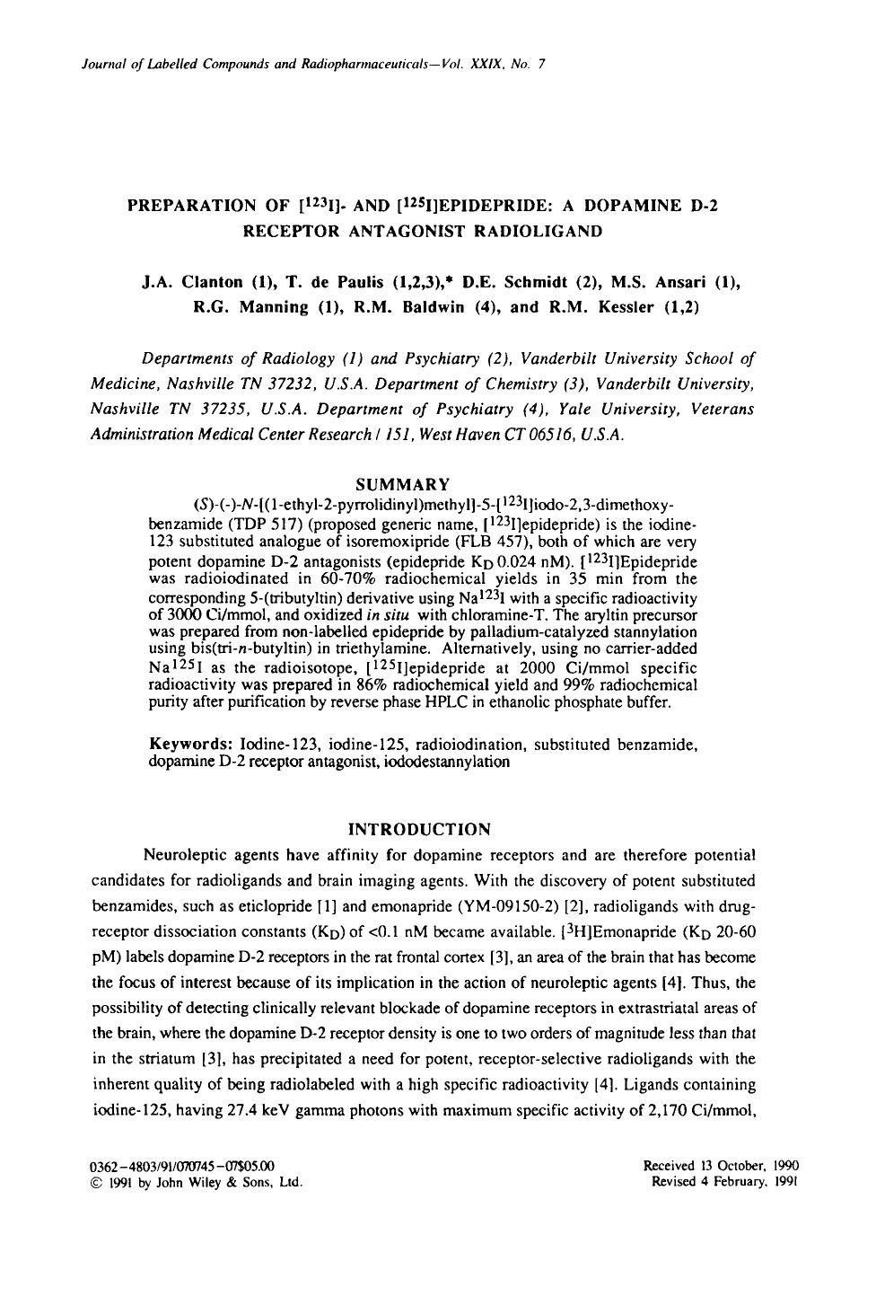 Preparation of [123I]- and [125I]epidepride: A dopamine D-2 receptor antagonist radioligand by Unknown