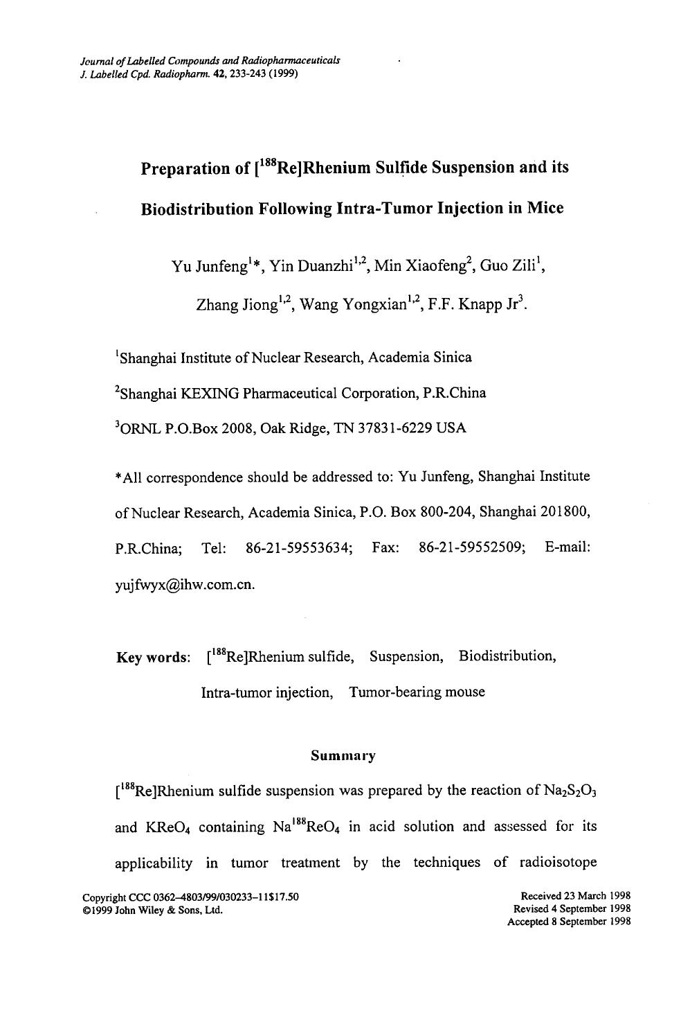 Preparation of [188Re]rhenium sulfide suspension and its biodistribution following intra-tumor injection in mice by Unknown