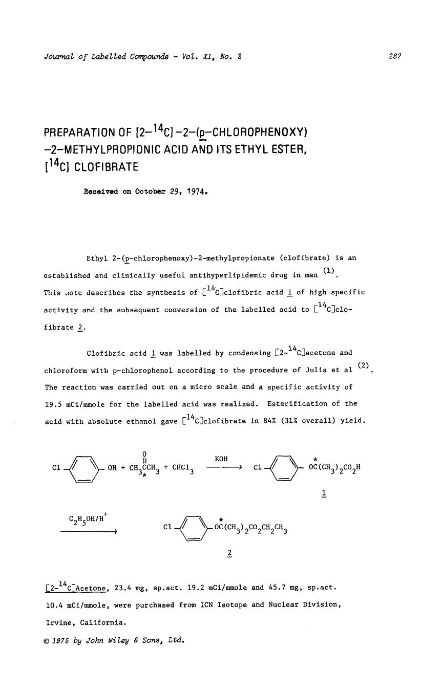 Preparation of [2-14C]-2-(p-chlorophenoxy)-2-methylpropionic acid and its ethyl ester, [14C] clofibrate by Unknown
