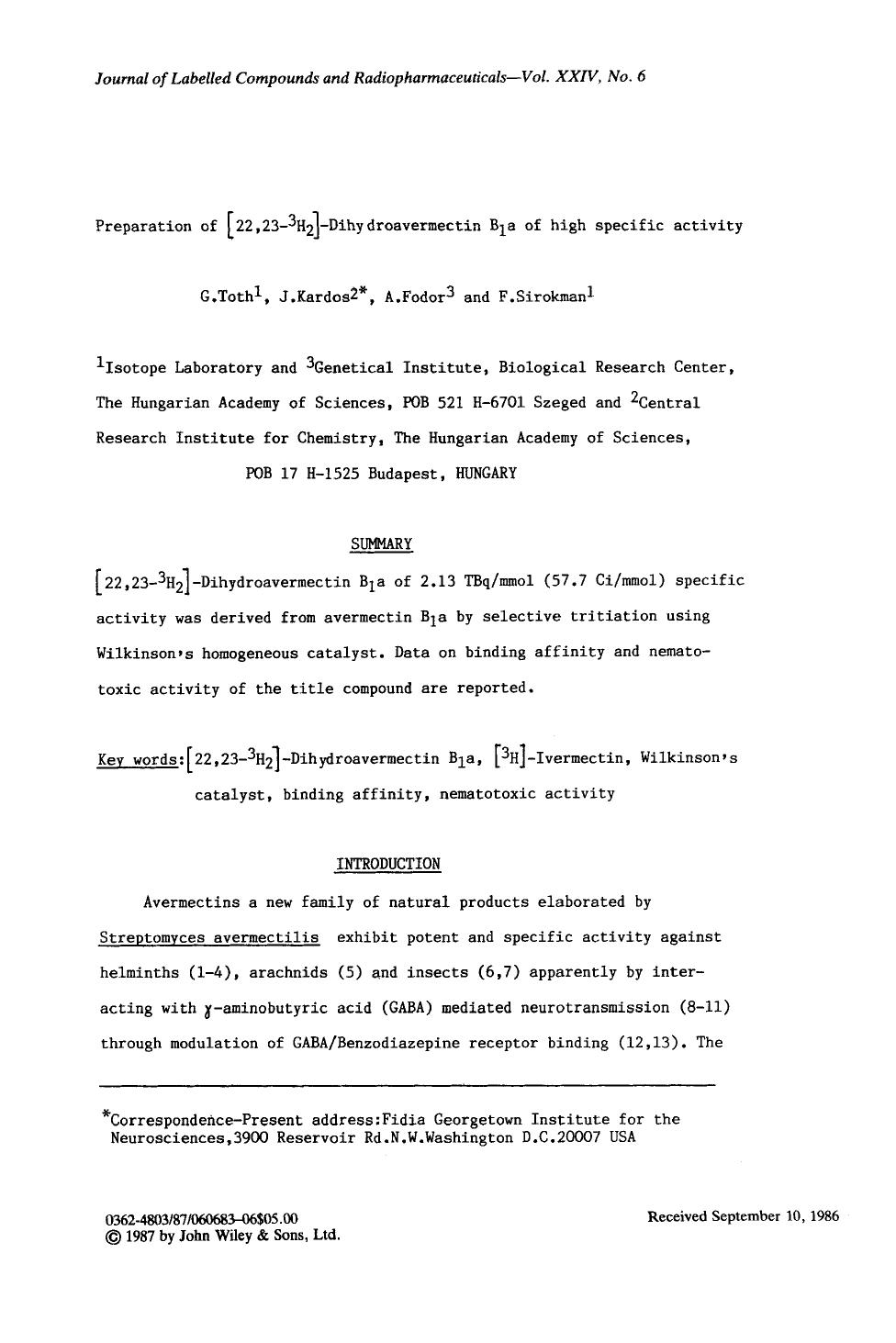 Preparation of [22,23-3H2]-dihydroavermectin B1a of high specific activity by Unknown