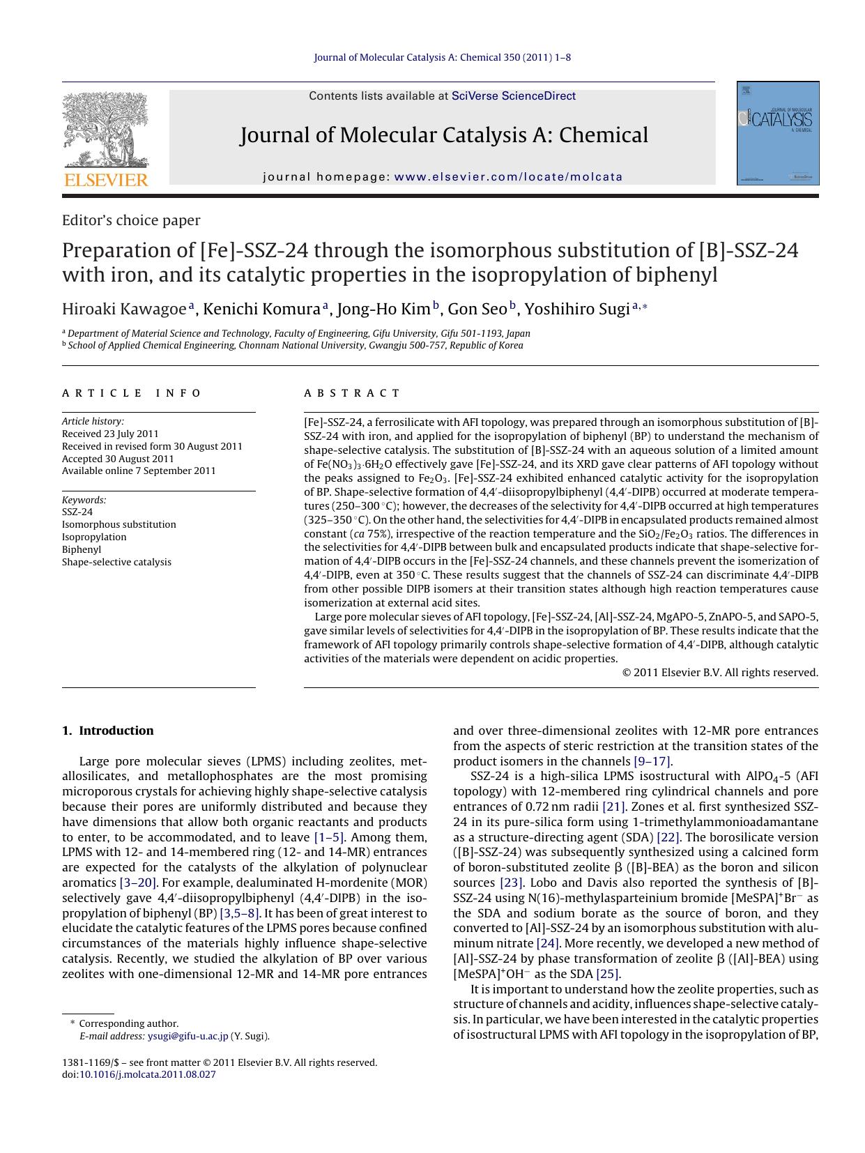 Preparation of [Fe]-SSZ-24 through the isomorphous substitution of [B]-SSZ-24 with iron, and its catalytic properties in the isopropylation of biphenyl by Hiroaki Kawagoe