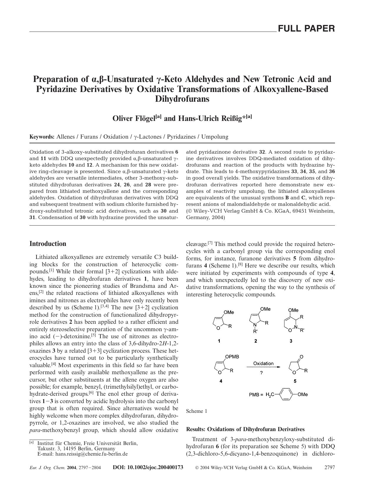 Preparation of [alpha],[beta]-Unsaturated [gamma]-Keto Aldehydes and New Tetronic Acid and Pyridazine Derivatives by Oxidative Transformations of Alkoxyallene-Based Dihydrofurans by Unknown