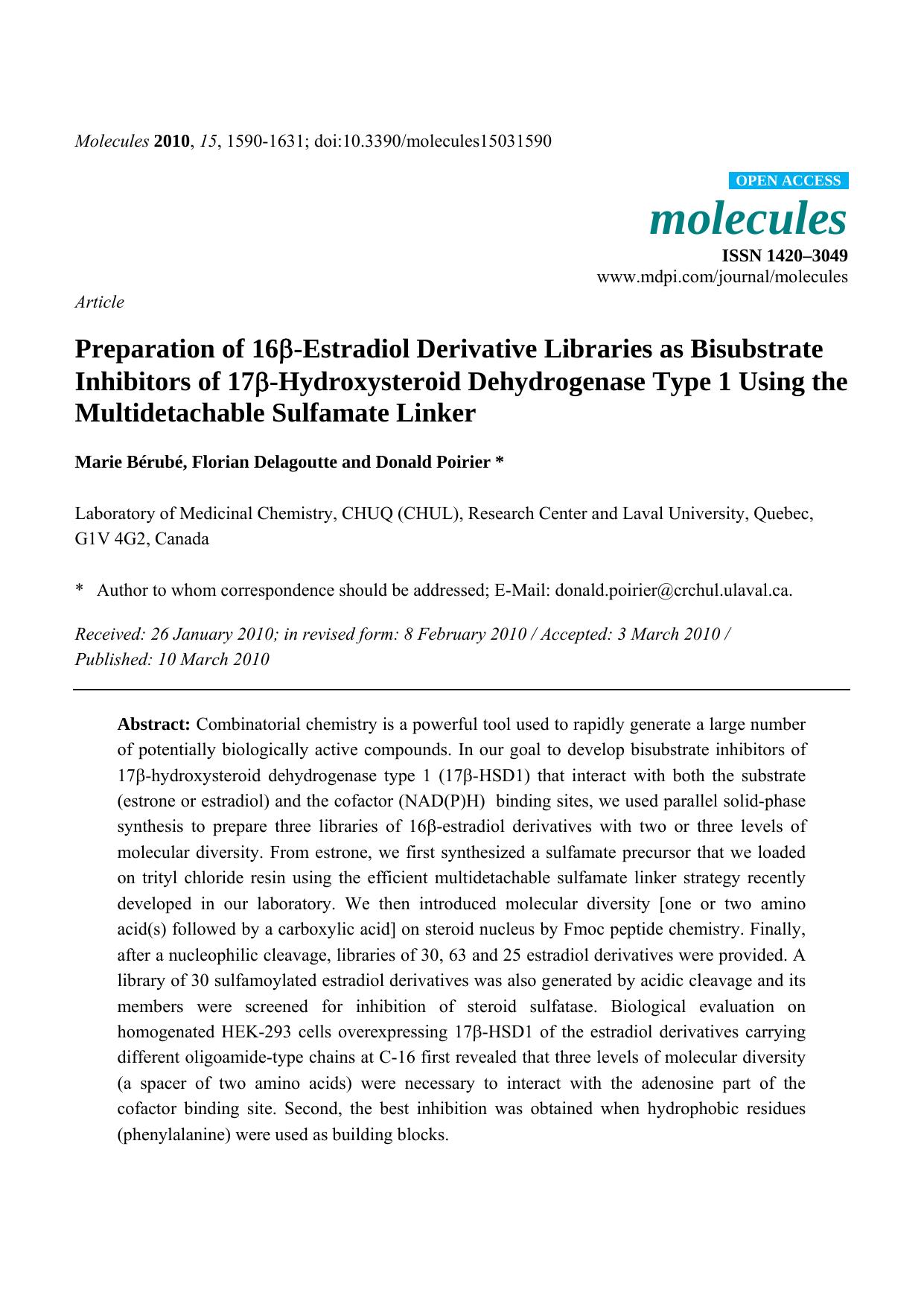 Preparation of 16ï¢-Estradiol Derivative Libraries as Bisubstrate Inhibitors of 17ï¢-Hydroxysteroid Dehydrogenase Type 1 Using the Multidetachable Sulfamate Linker by Marie Bérubé & Florian Delagoutte & Donald Poirier