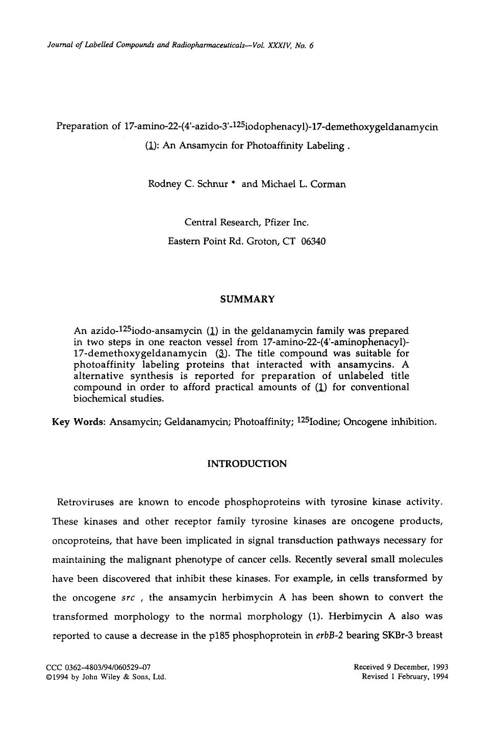 Preparation of 17-amino-22-(4[prime]-azido-3[prime]-125iodophenacyl)-17-demethoxygeldanamycin (1): An ansamycin for photoaffinity labeling by Unknown
