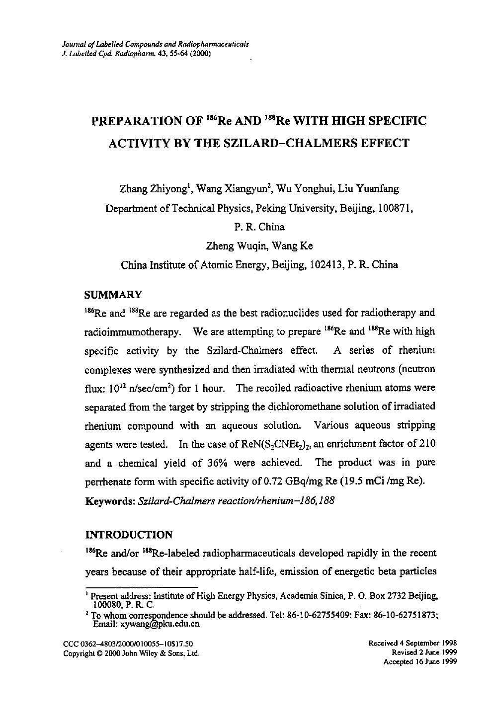 Preparation of 186Re and 188Re with high specific activity by the Szilard-Chalmers effect by Unknown