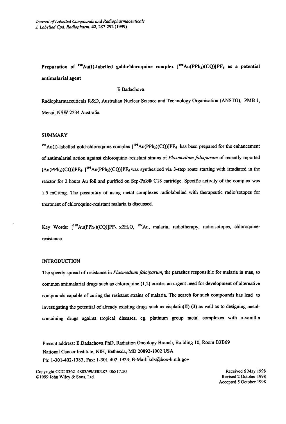 Preparation of 198Au(I)-labelled gold-chloroquine complex [198Au(PPh3)(CQ)]PF6 as a potential antimalarial agent by Unknown